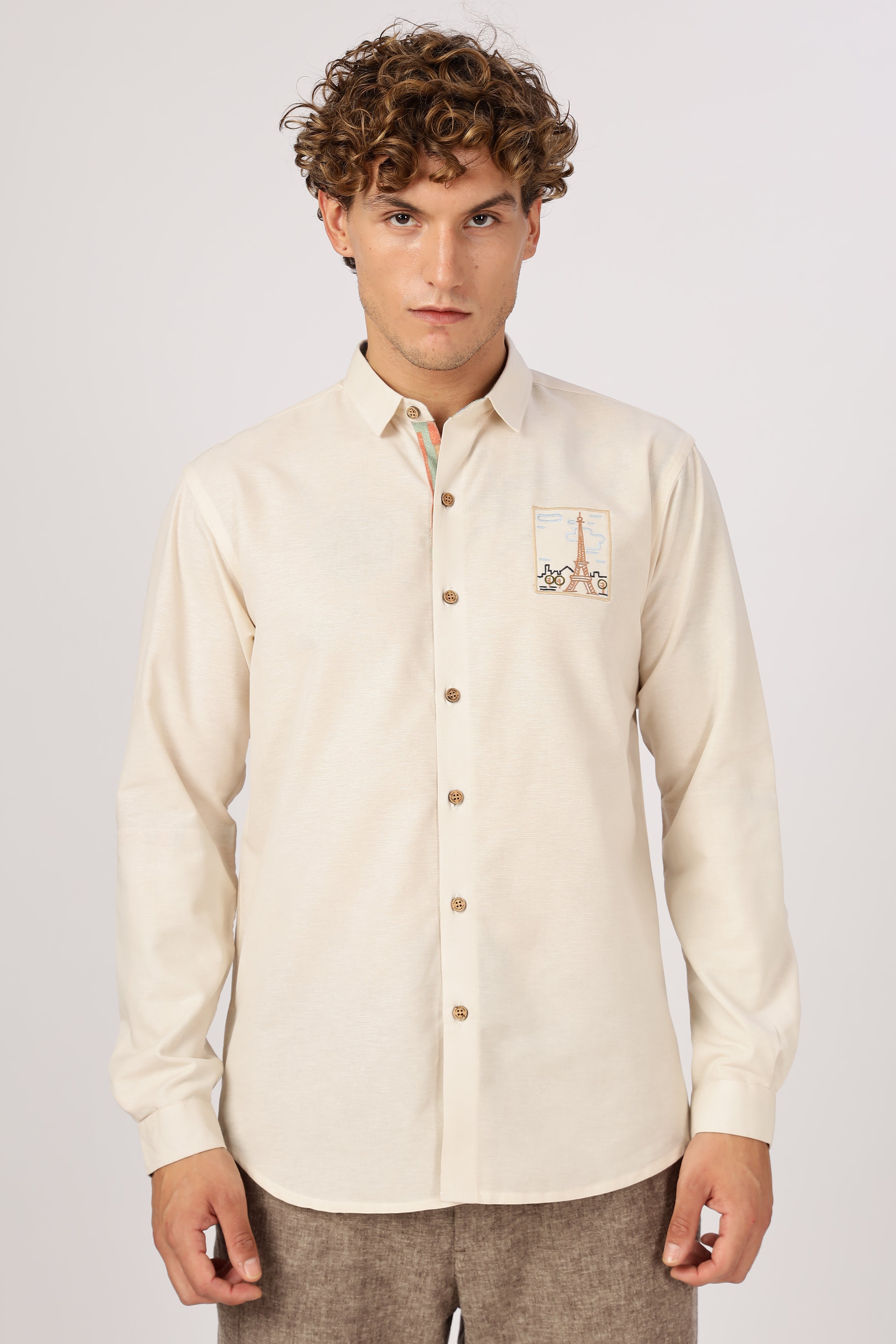 Paris Postcard Cotton Regular Fit Beige Embroidered Shirt