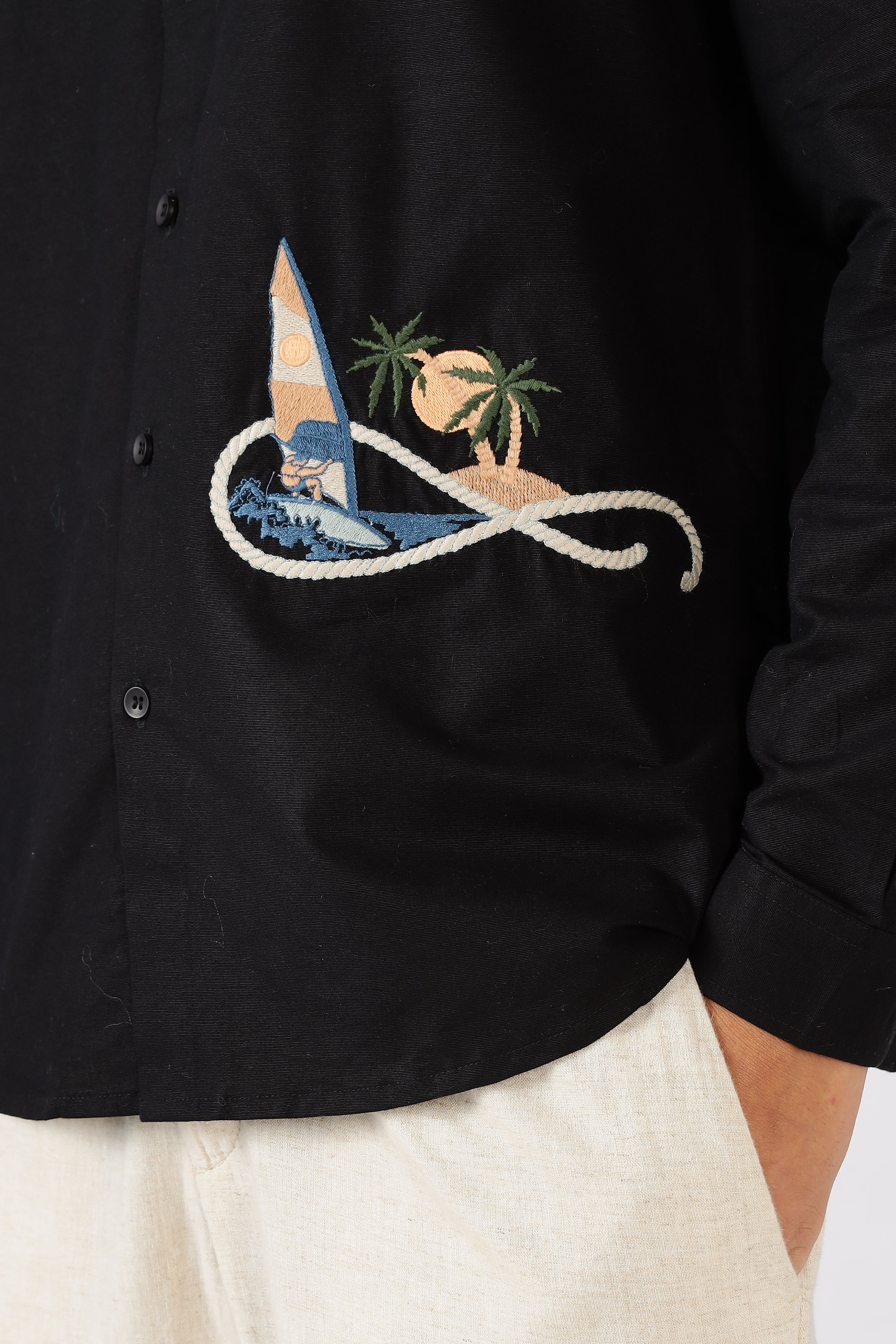 Coastal Voyage Black Embroidered Shirt
