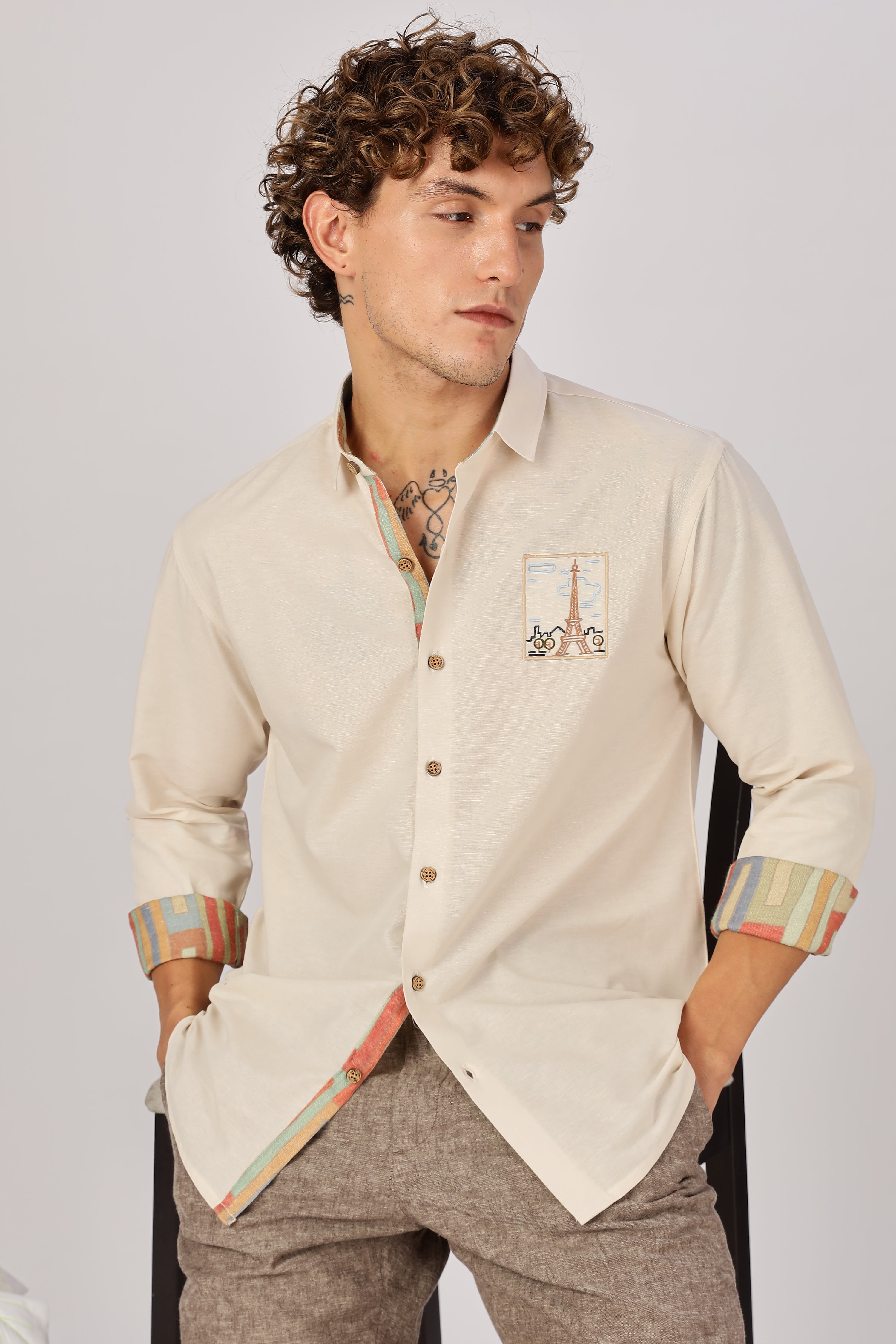 Paris Postcard Cotton Regular Fit Beige Embroidered Shirt