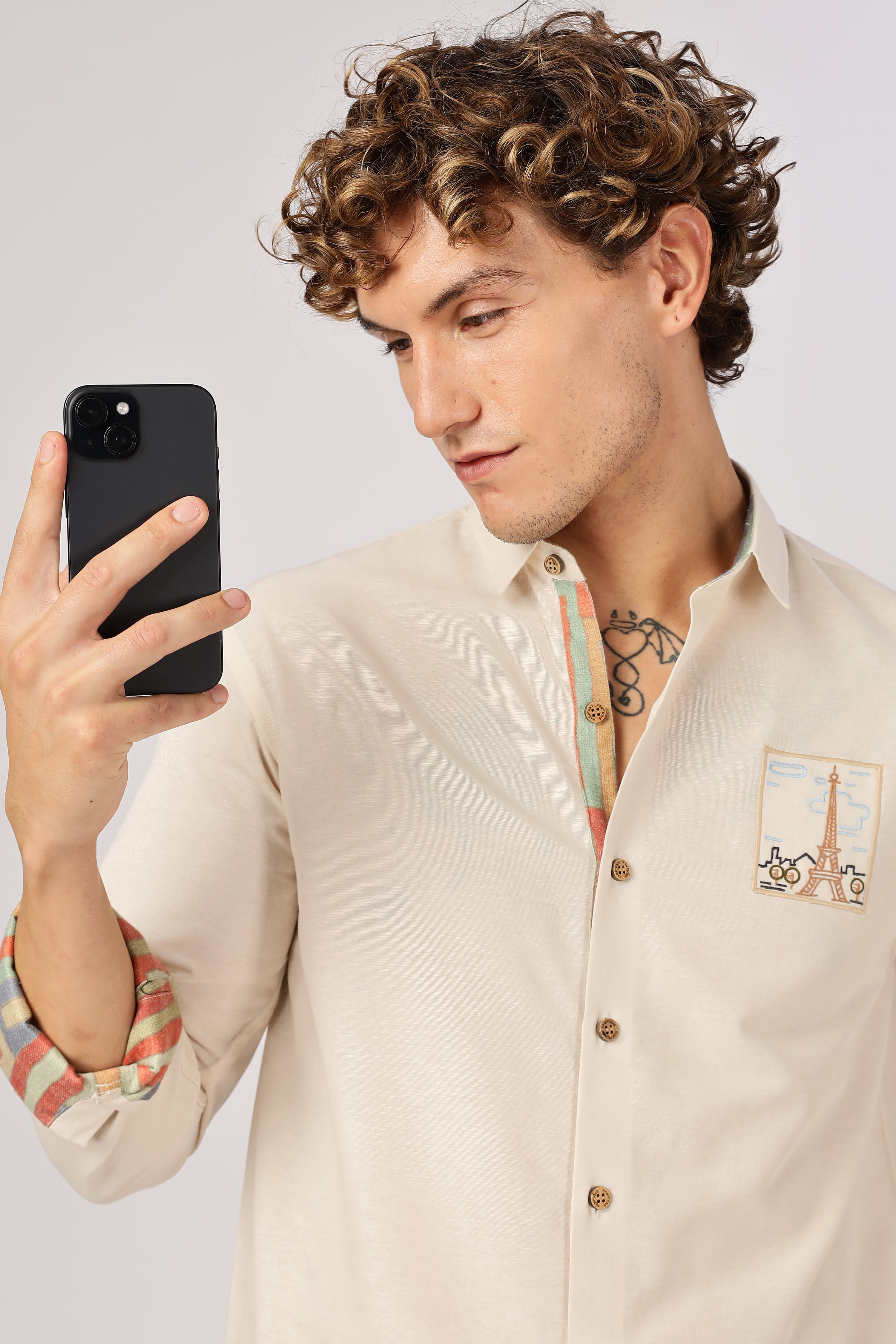 Paris Postcard Cotton Regular Fit Beige Embroidered Shirt
