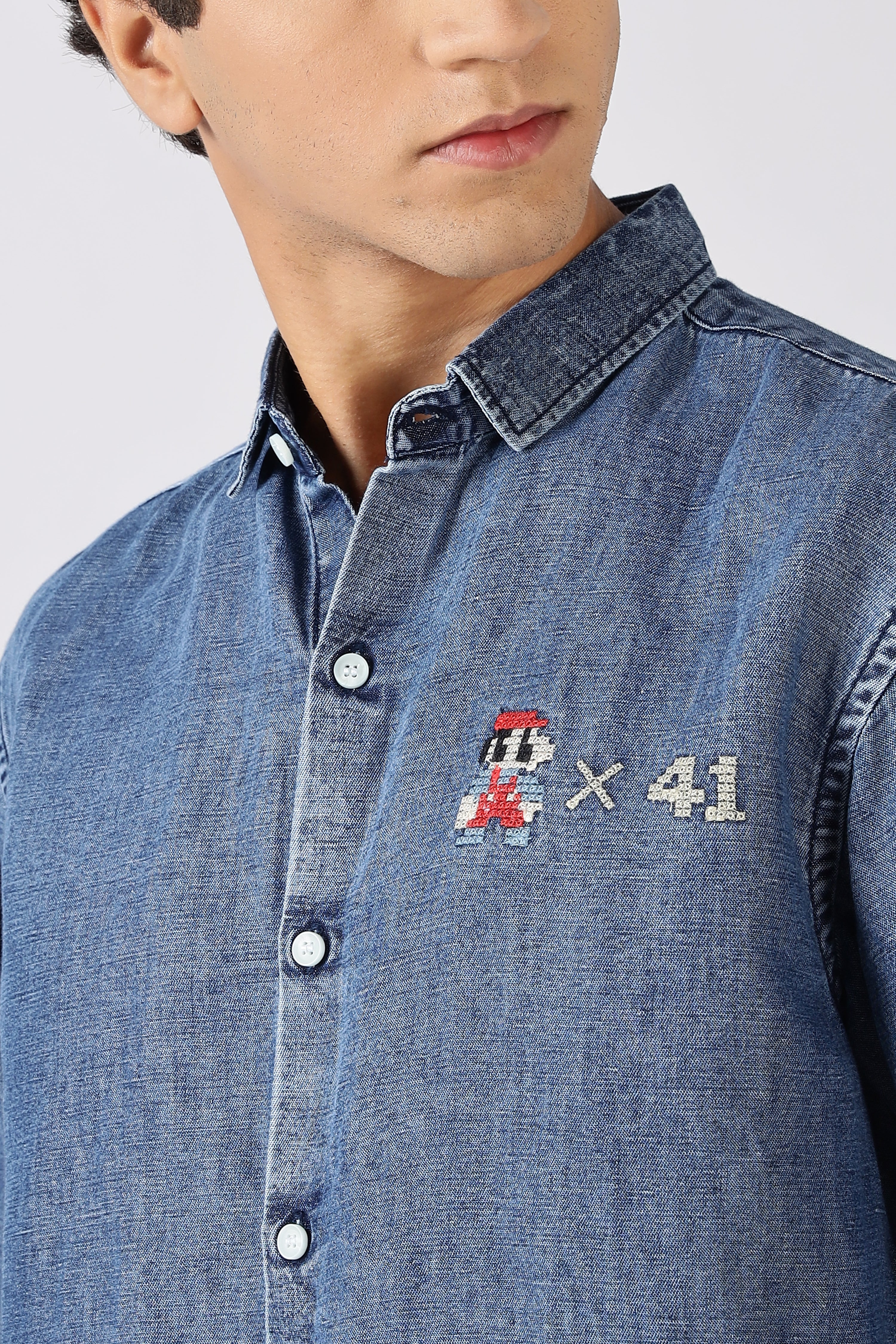 Classic Pixel Play Cotton Regular Fit Blue Embroidered Denim Shirt