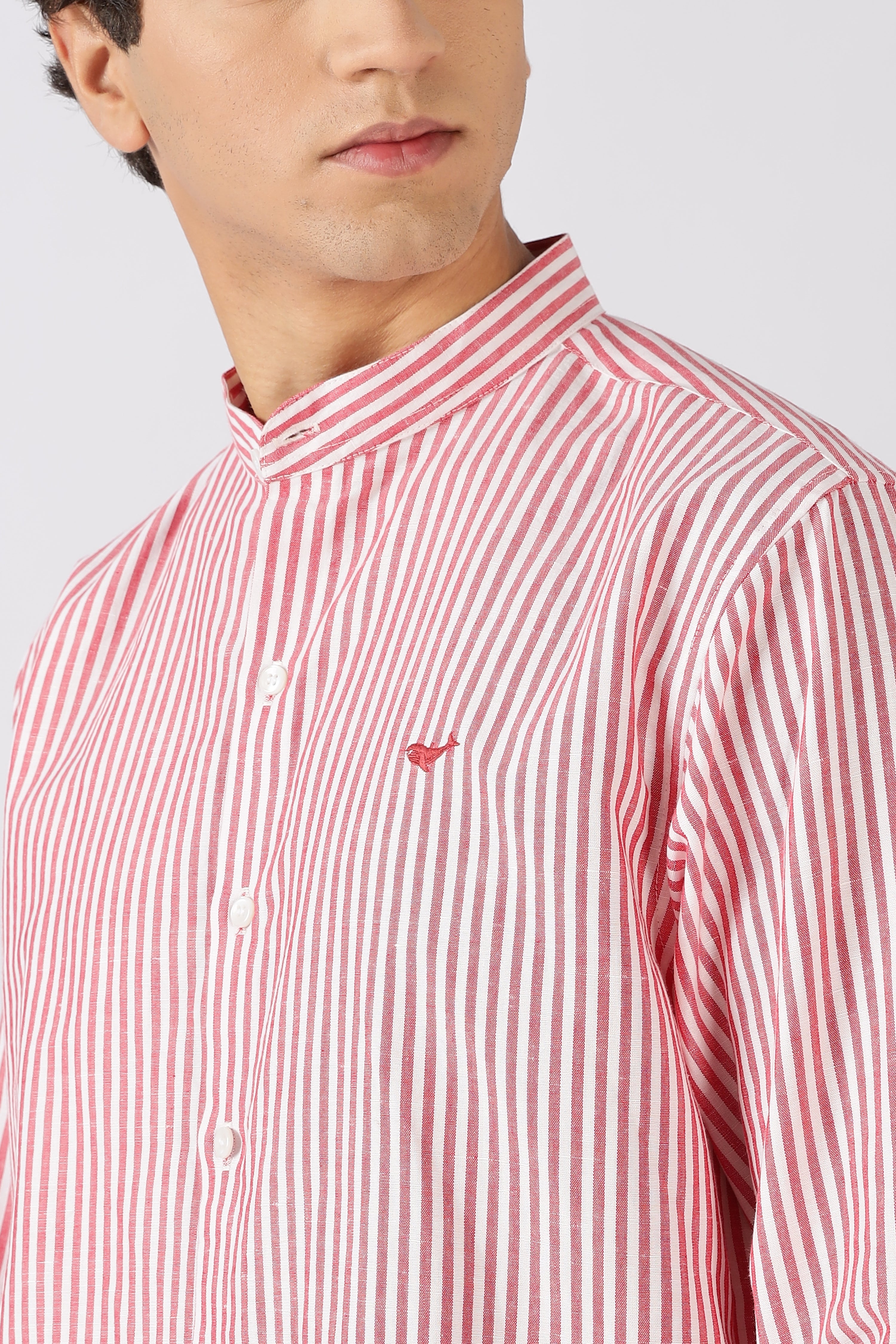 Coral Tide Stripe Mandarin Collar Shirt