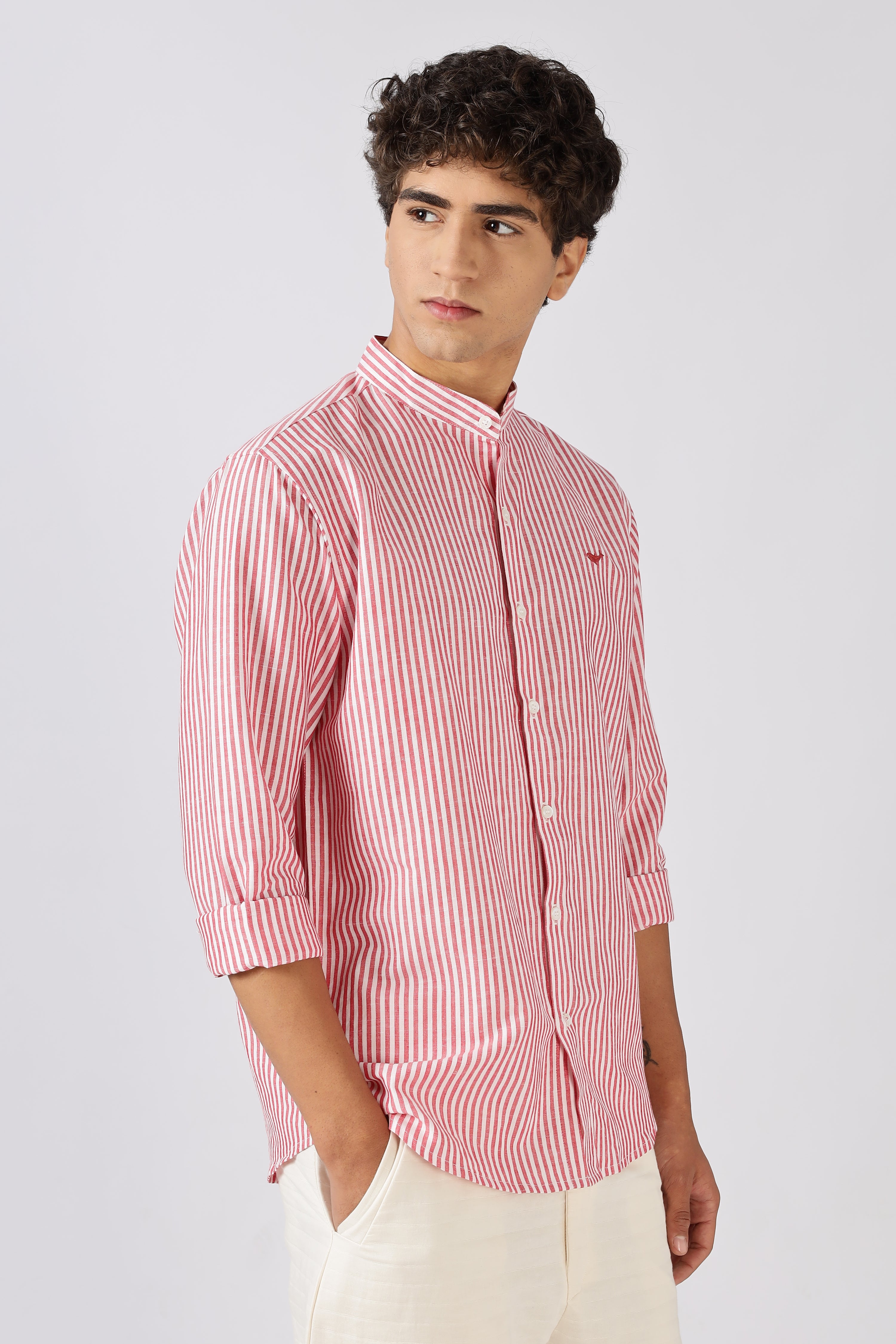Coral Tide Stripe Mandarin Collar Shirt
