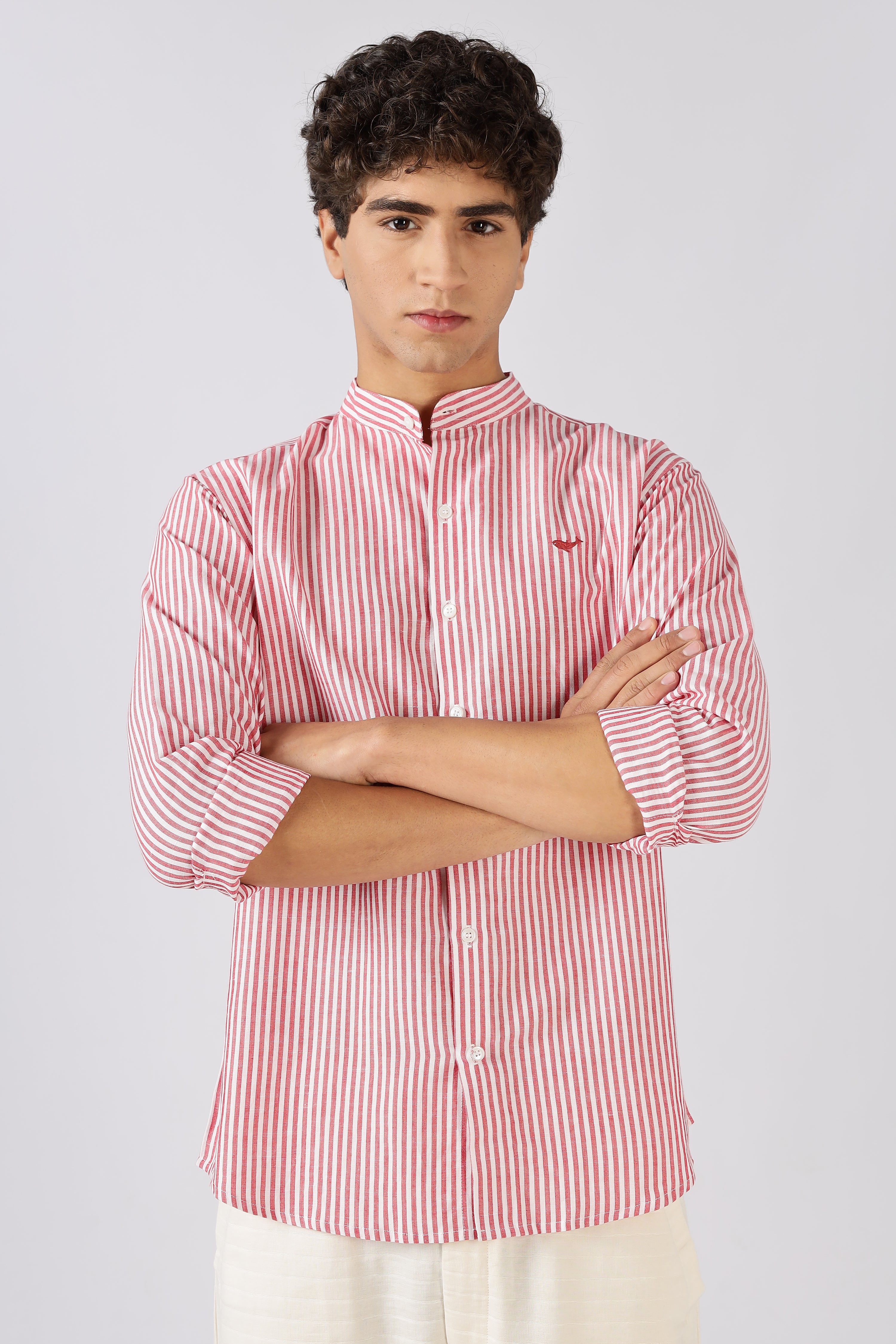 Coral Tide Stripe Mandarin Collar Shirt