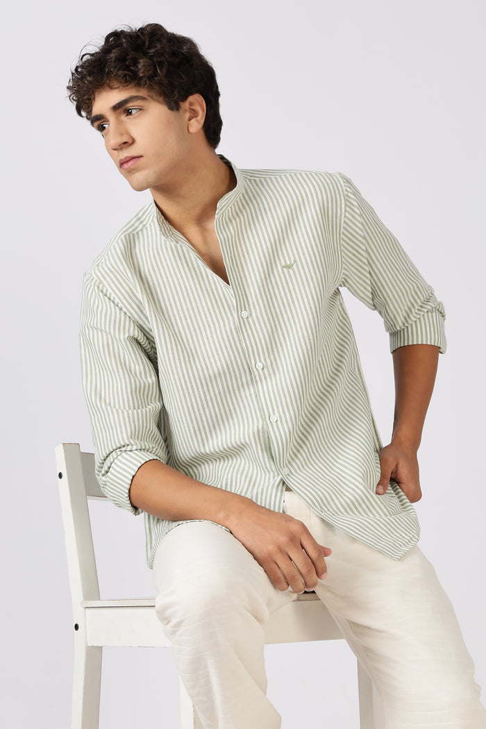 Seagrass Cotton Regular Fit Green Stripe Shirt
