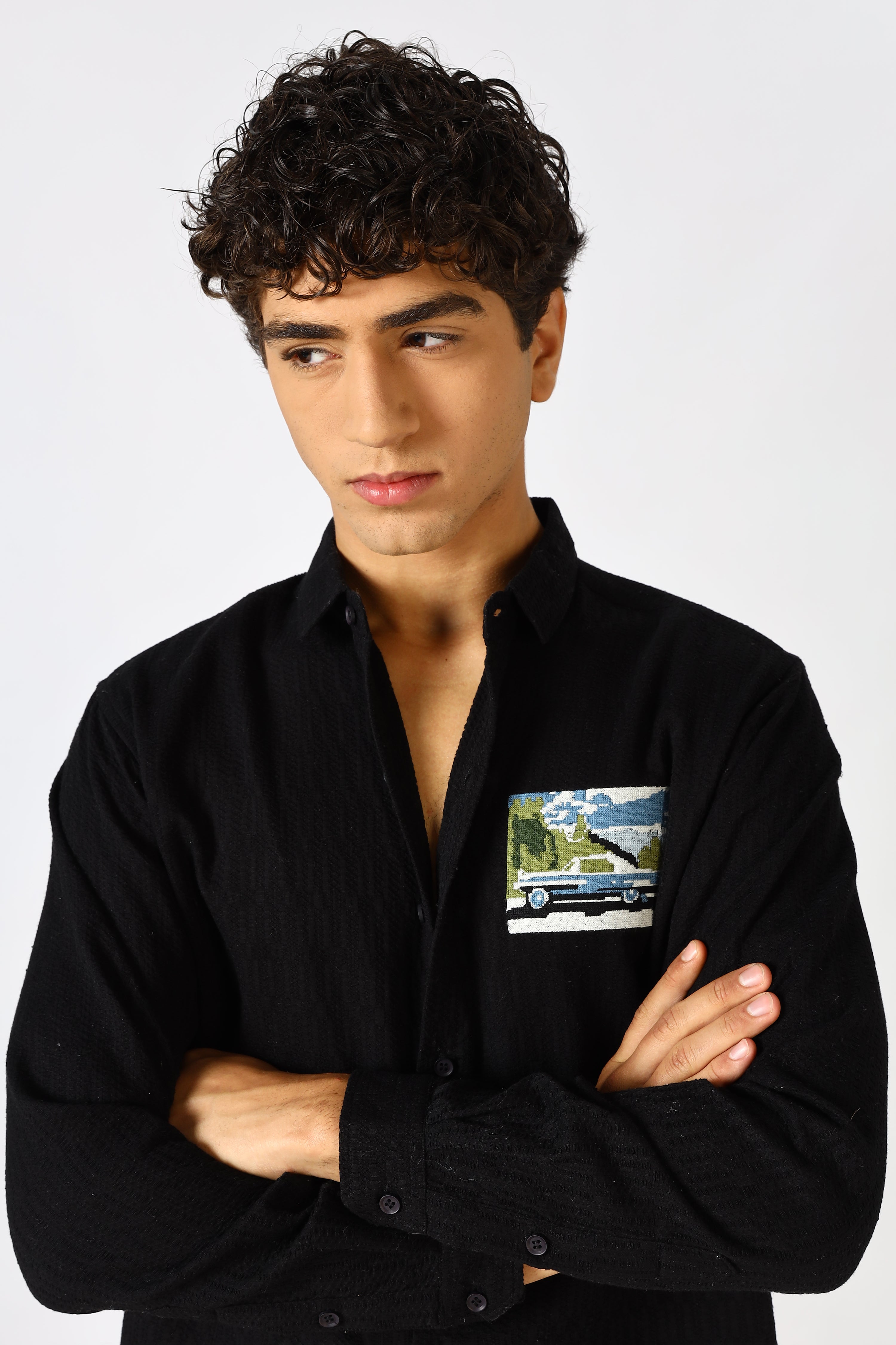Coastal Drive Cotton Regular Fit Black Embroidered Shirt