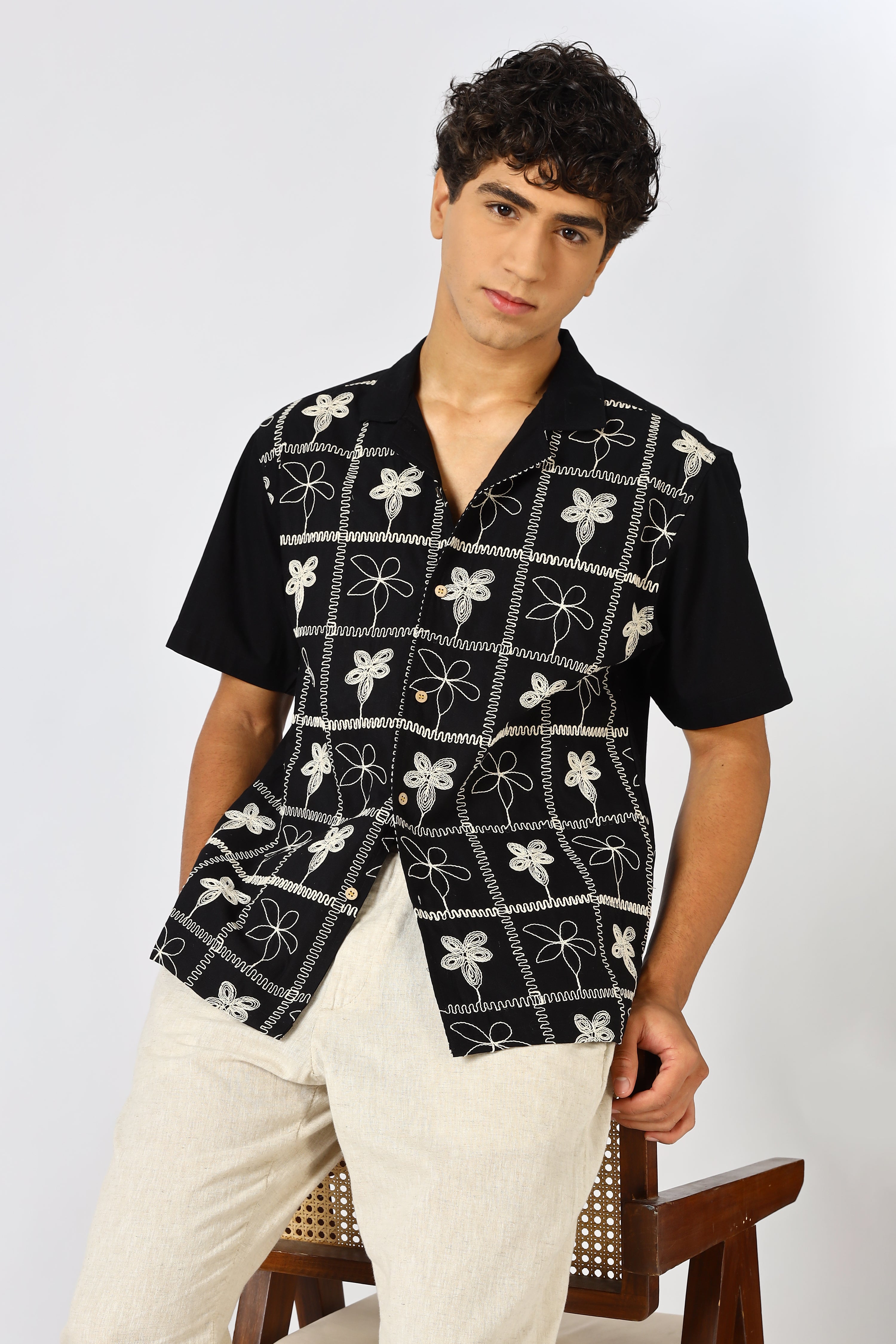 Starlit Petal Embroidered Cuban Collar Shirt