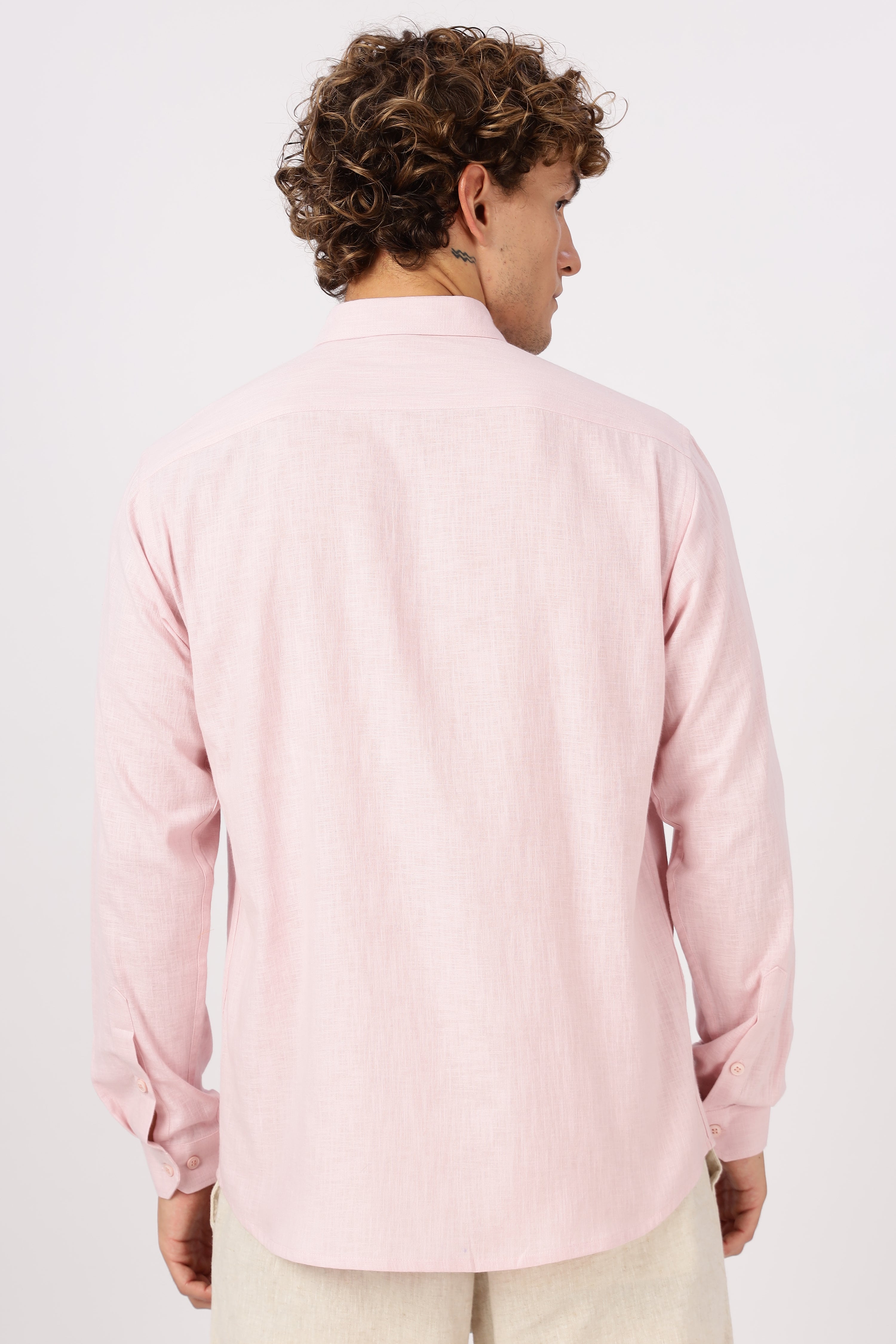 Rosé Blush Linen-Textured Long Sleeve Shirt
