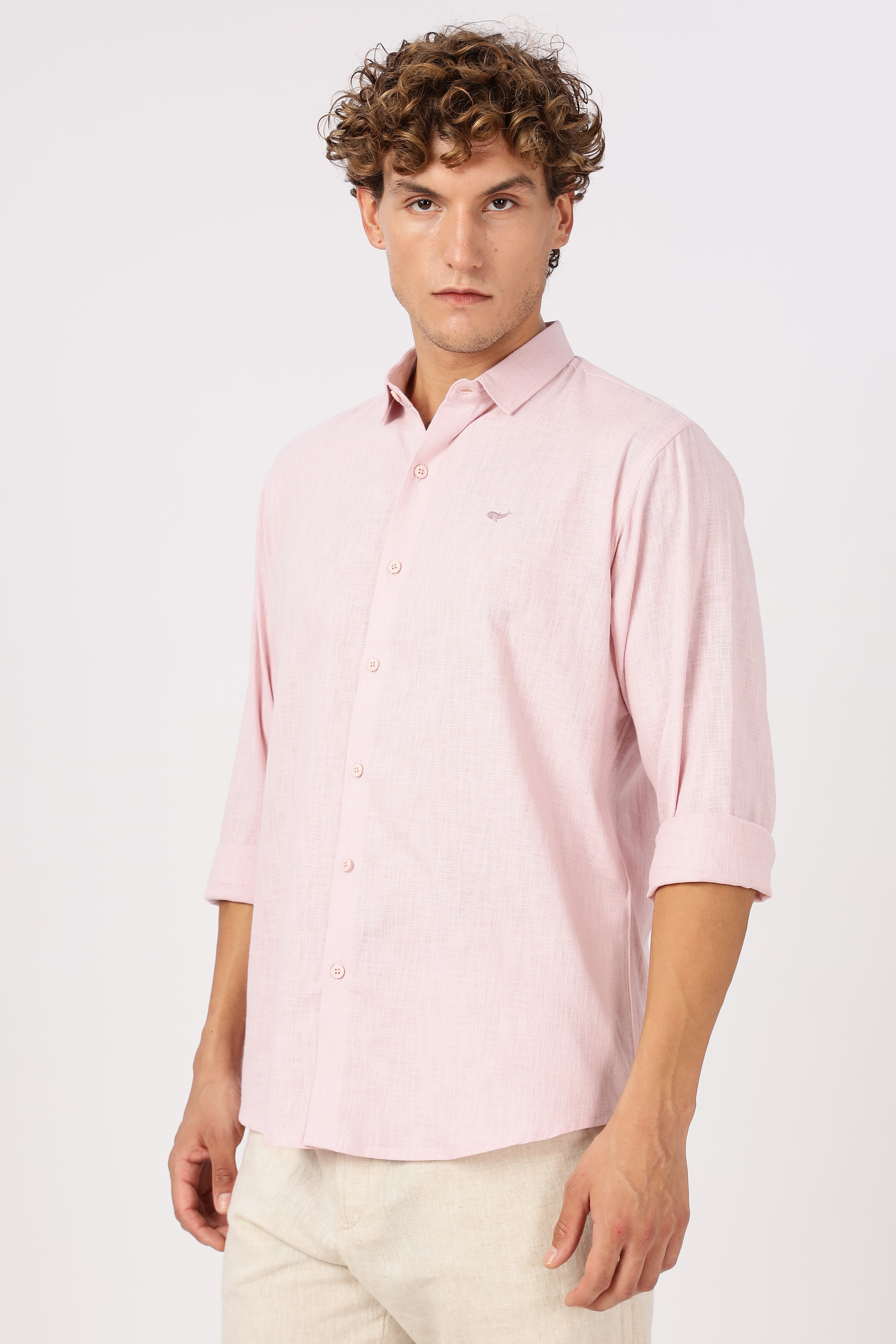 Rosé Blush Linen-Textured Long Sleeve Shirt