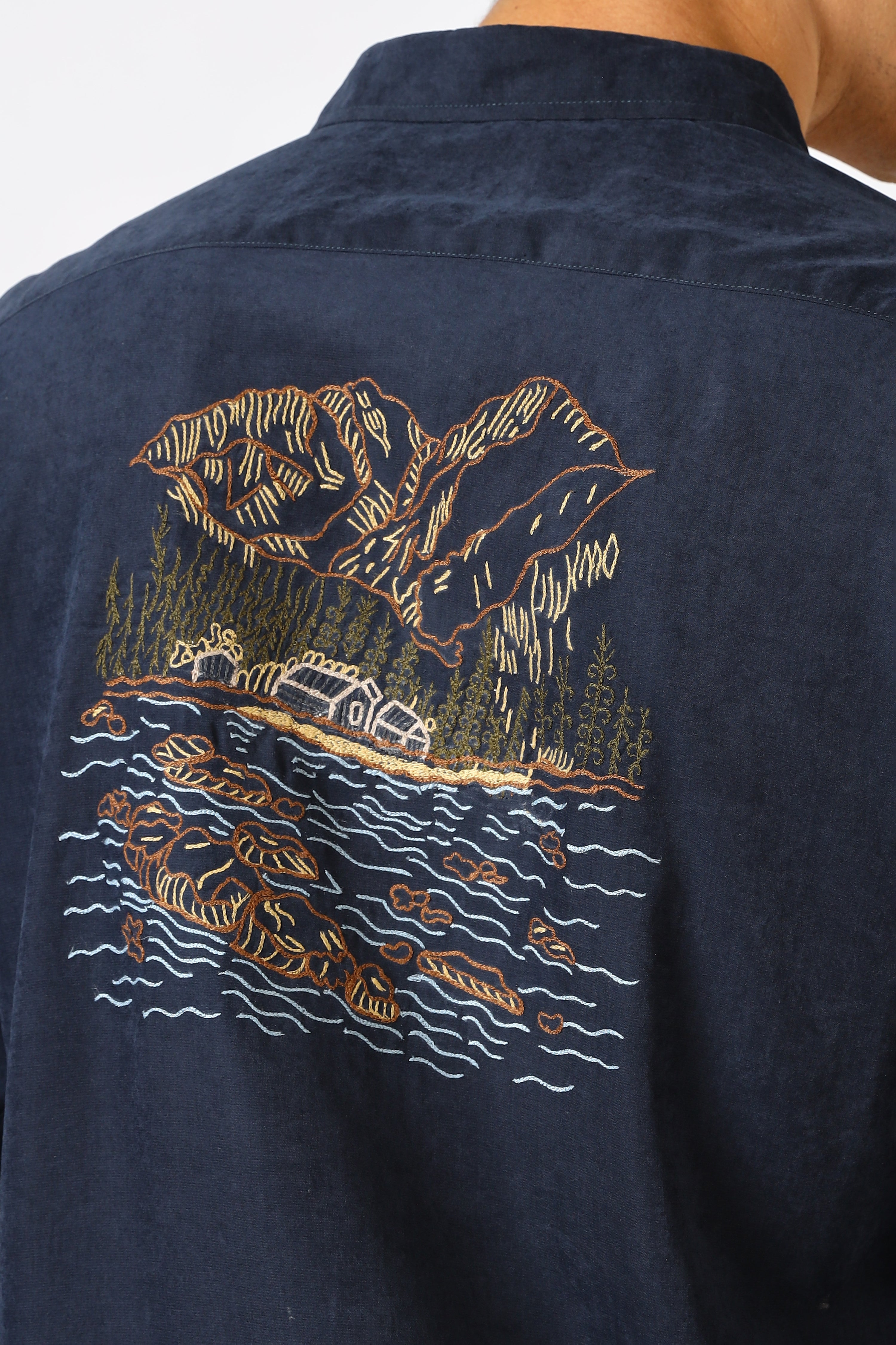 Wilderness House Cotton Regular Fit Navy Embroidered Shirt