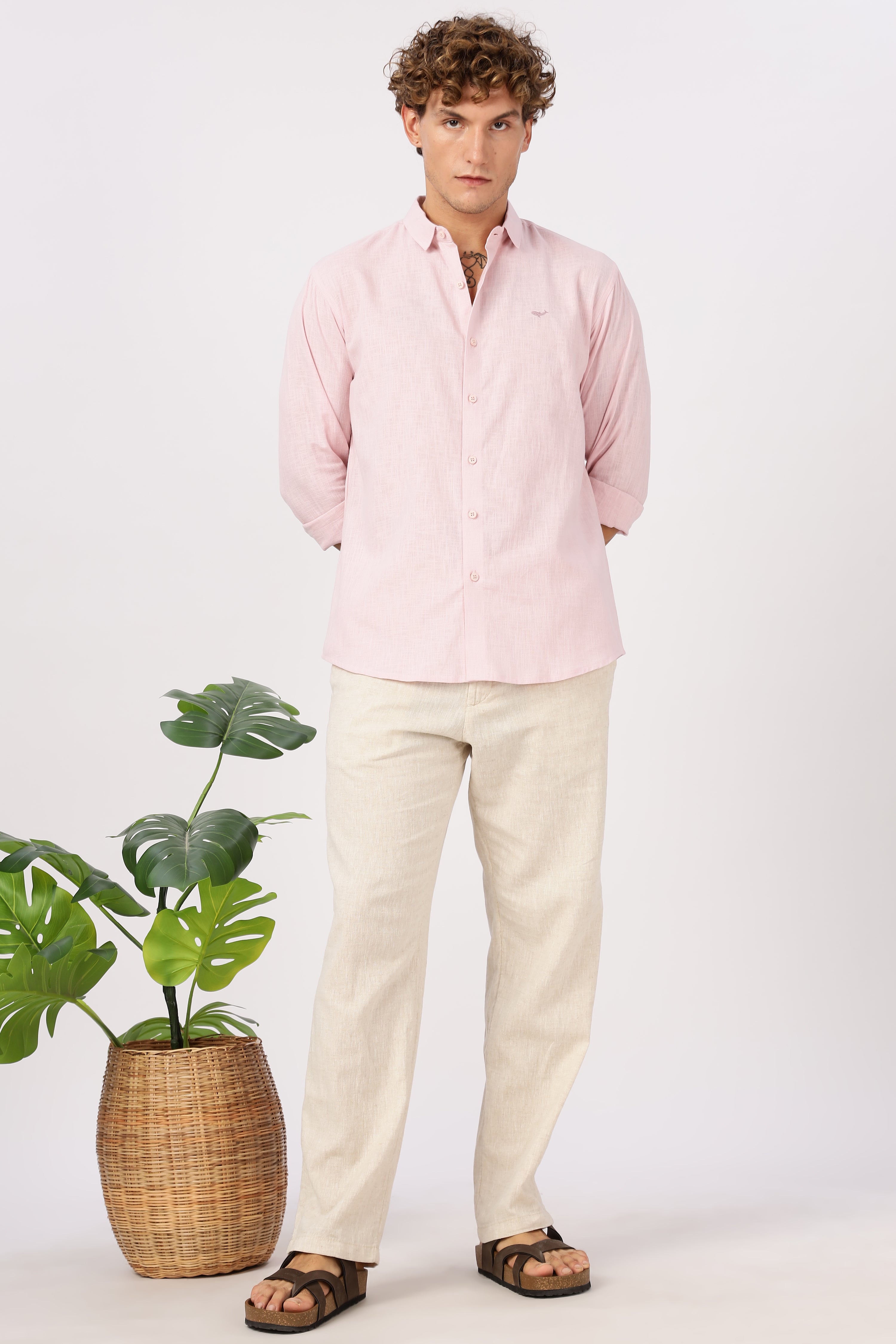 Rosé Blush Linen-Textured Long Sleeve Shirt