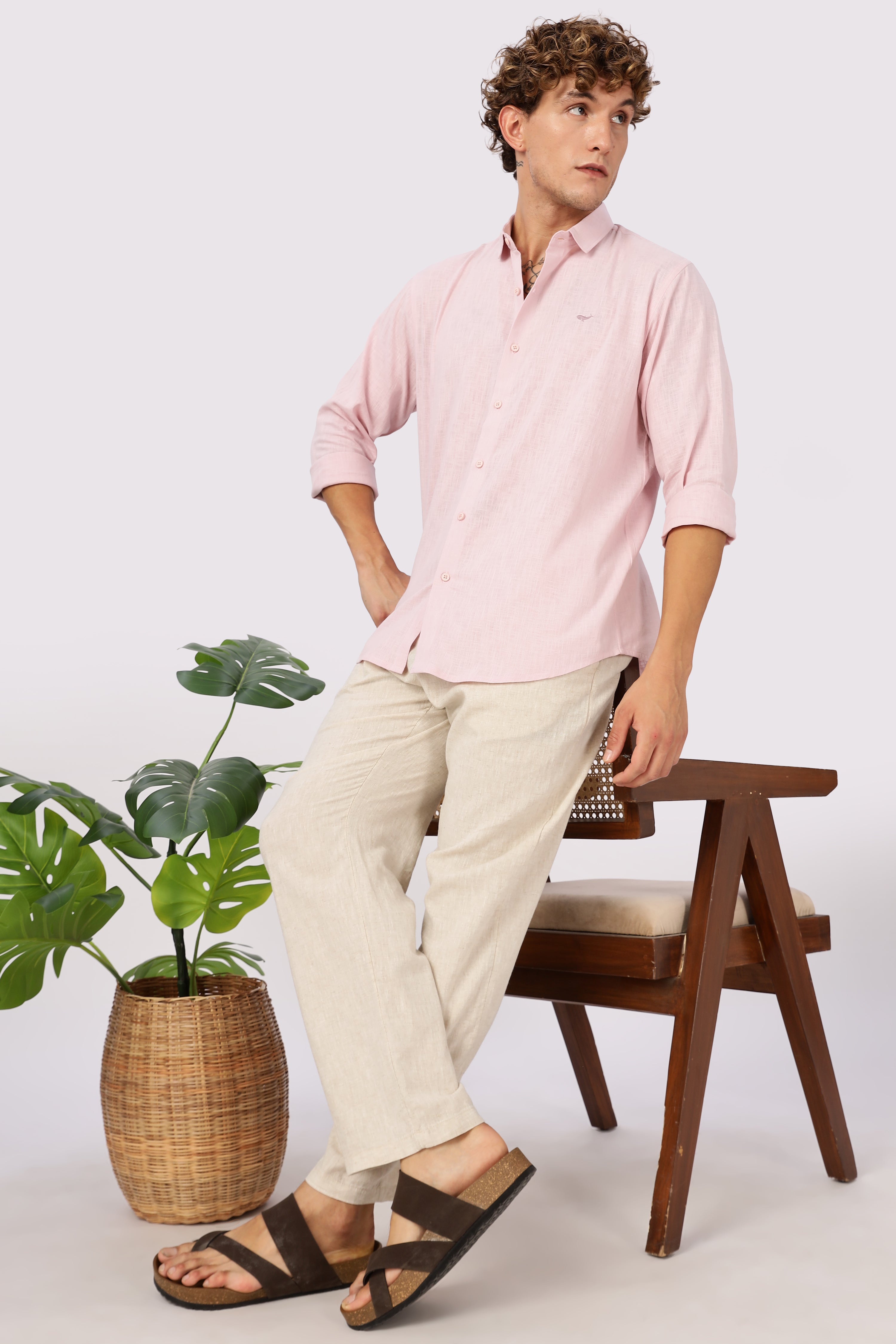 Rosé Blush Linen-Textured Long Sleeve Shirt