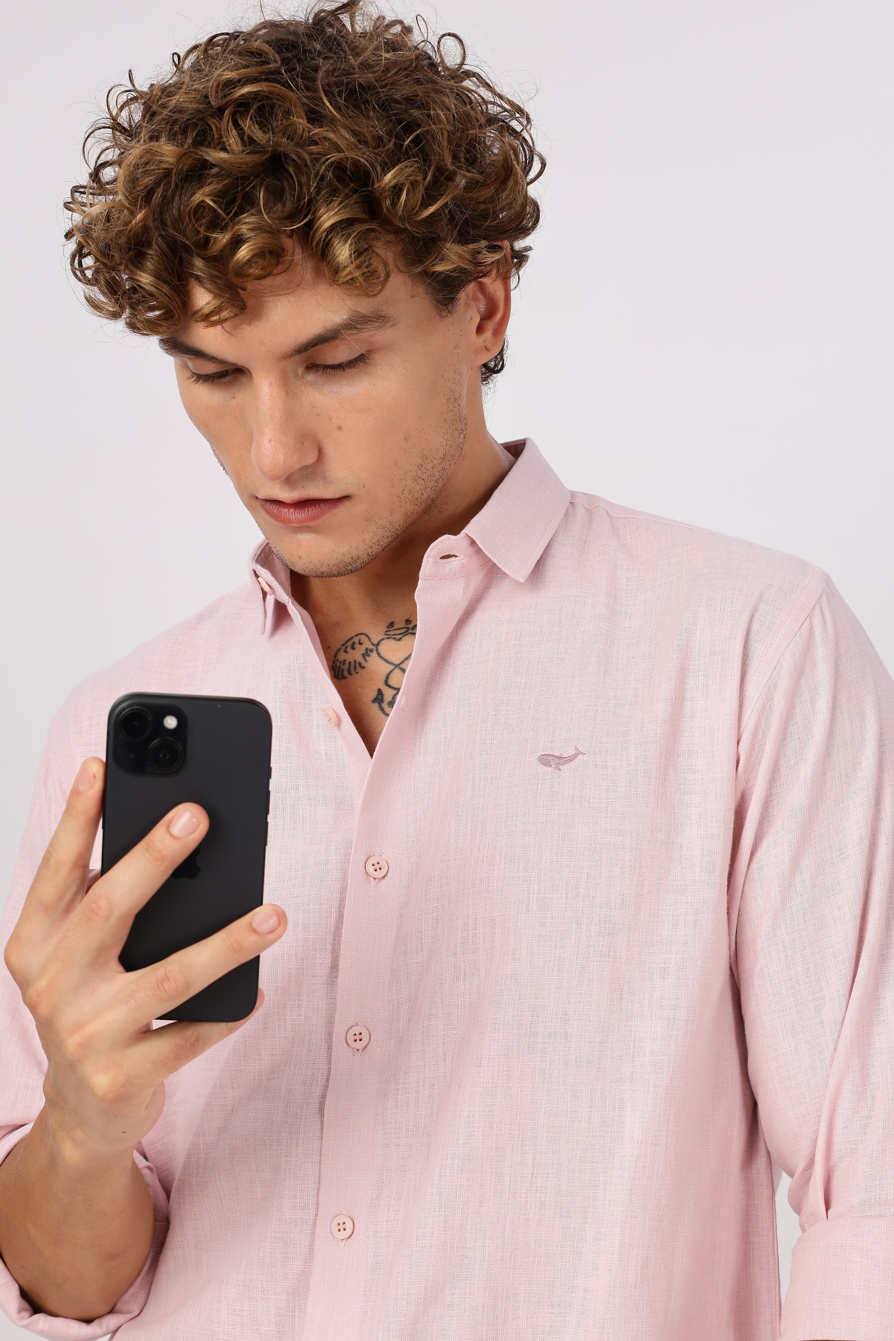 Rosé Blush Linen-Textured Long Sleeve Shirt