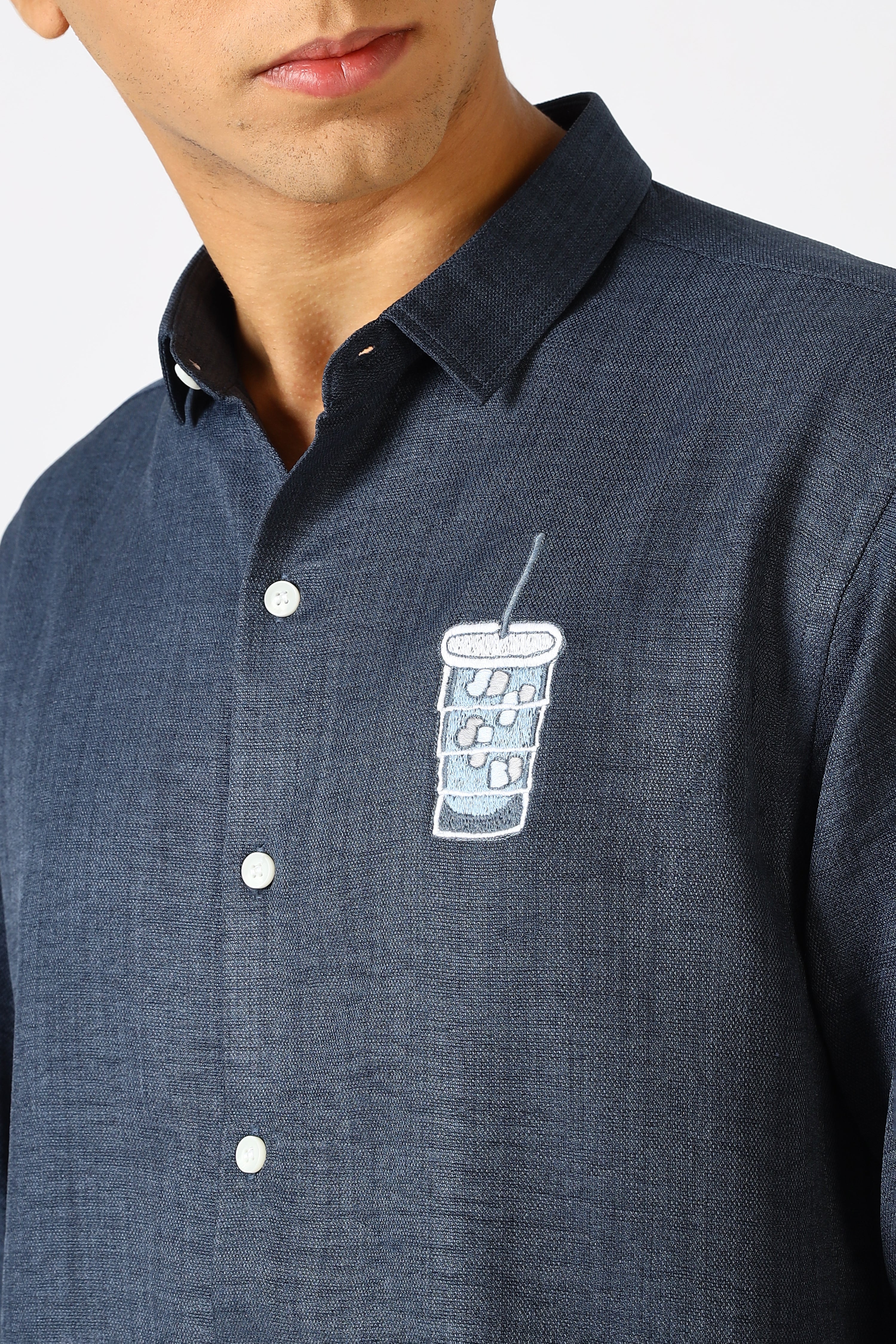 Iced Brew Navy Embroidered Cotton Shirt