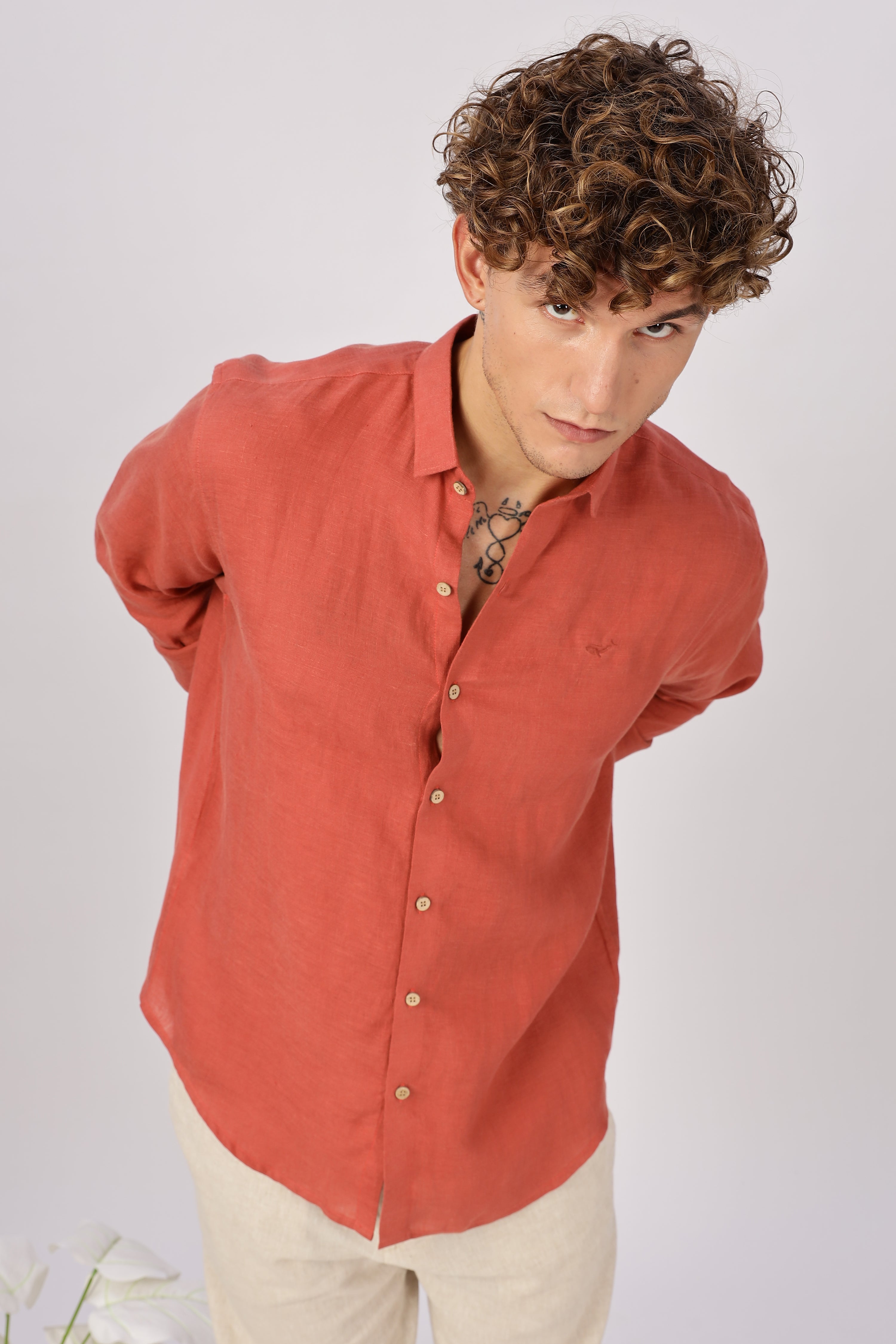 Orange 100% Linen 44 Lea Shirt