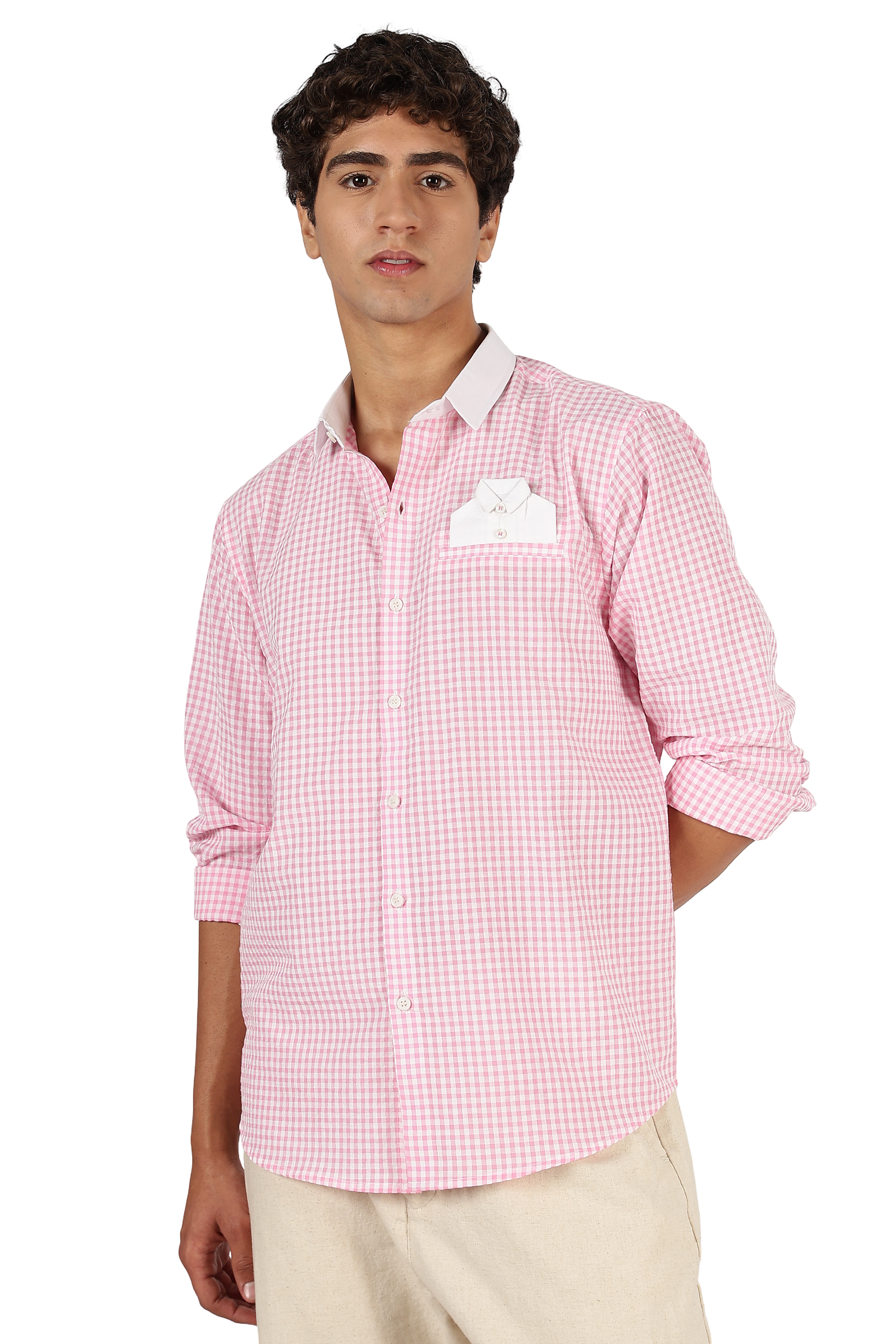 Mini Gingham Cotton Regular Fit Pink Embroidered Shirt