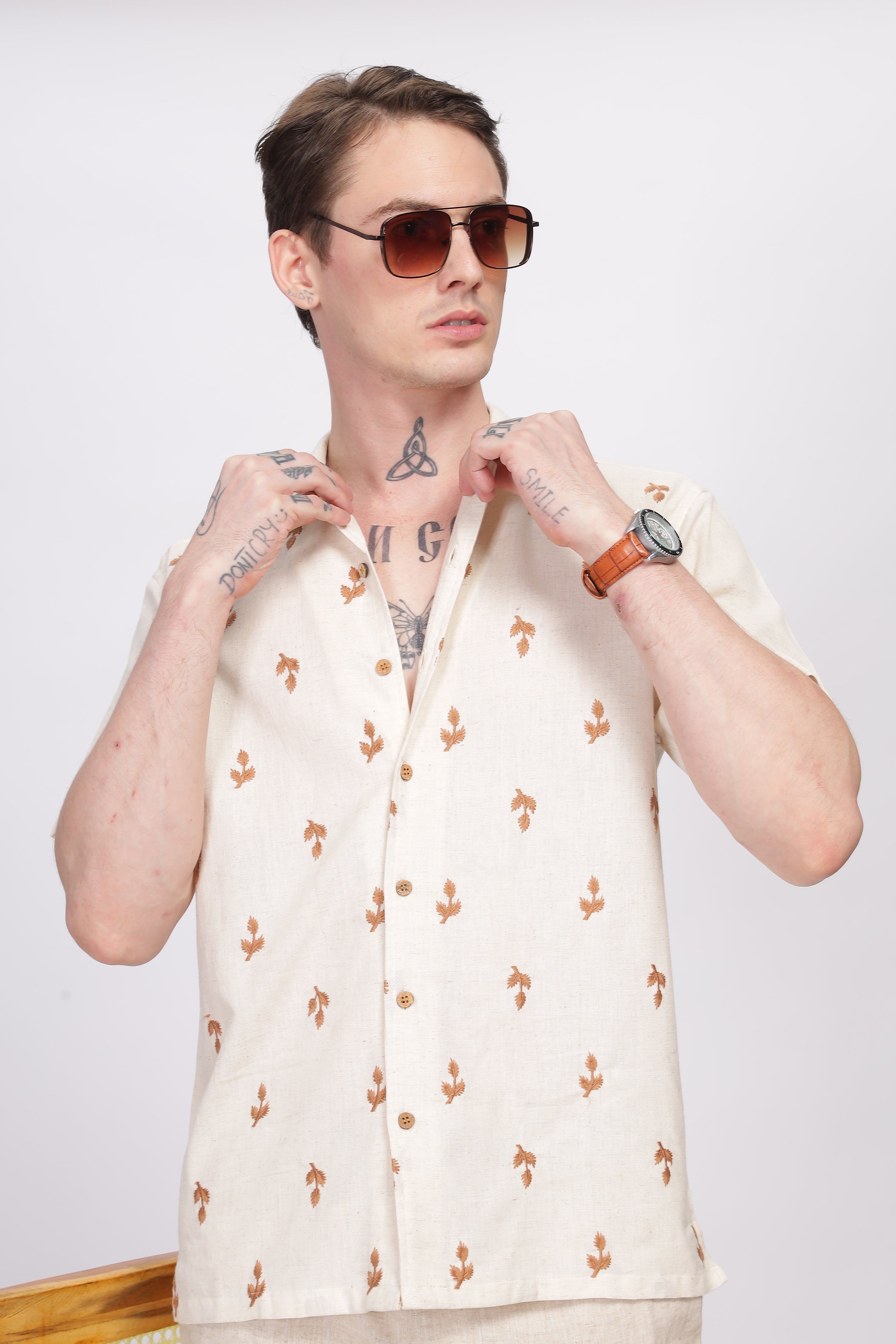 Milan Beige All-Over Embroidery Camp Collar Shirt
