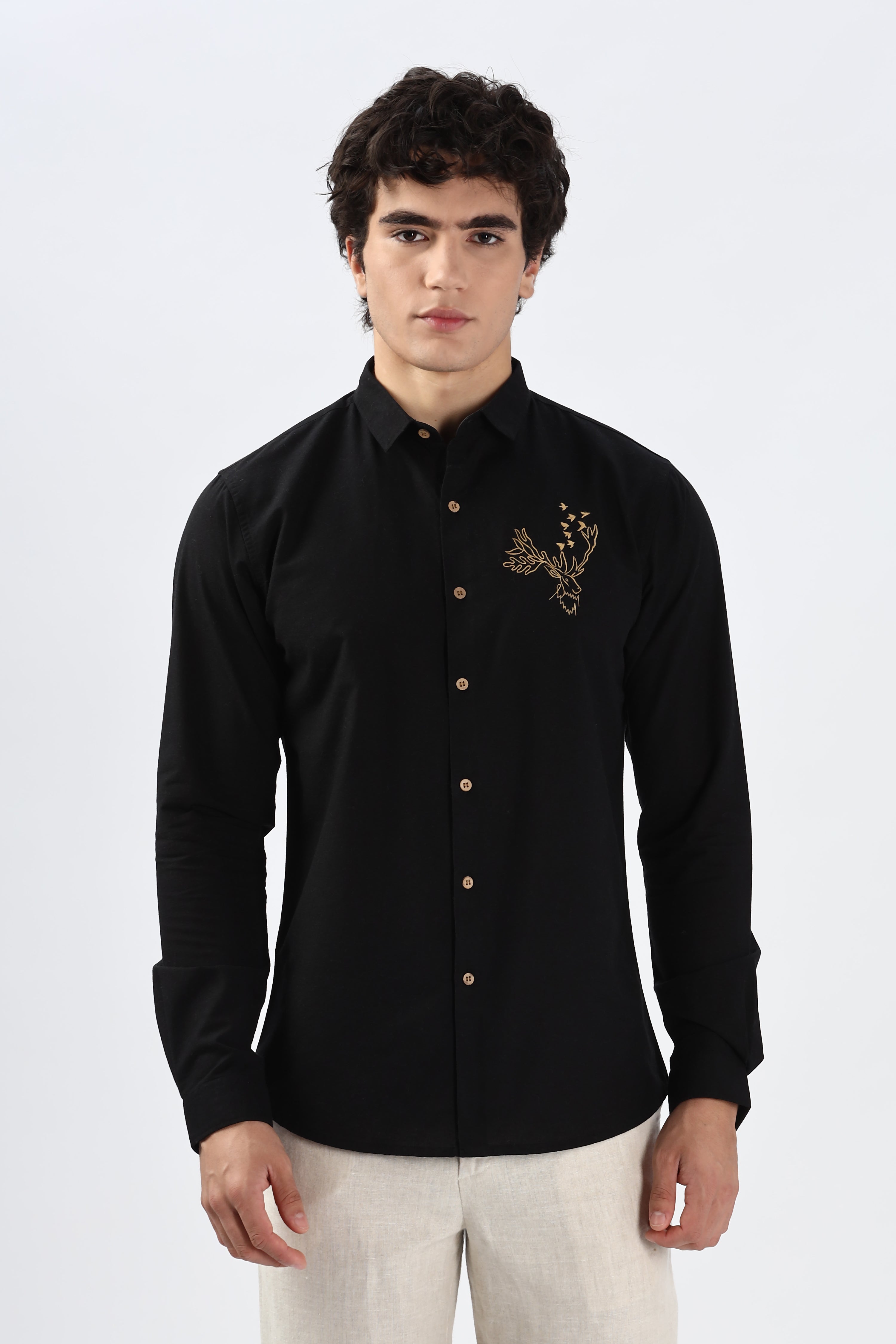 Arctic Reindeer Black Embroidery Shirt