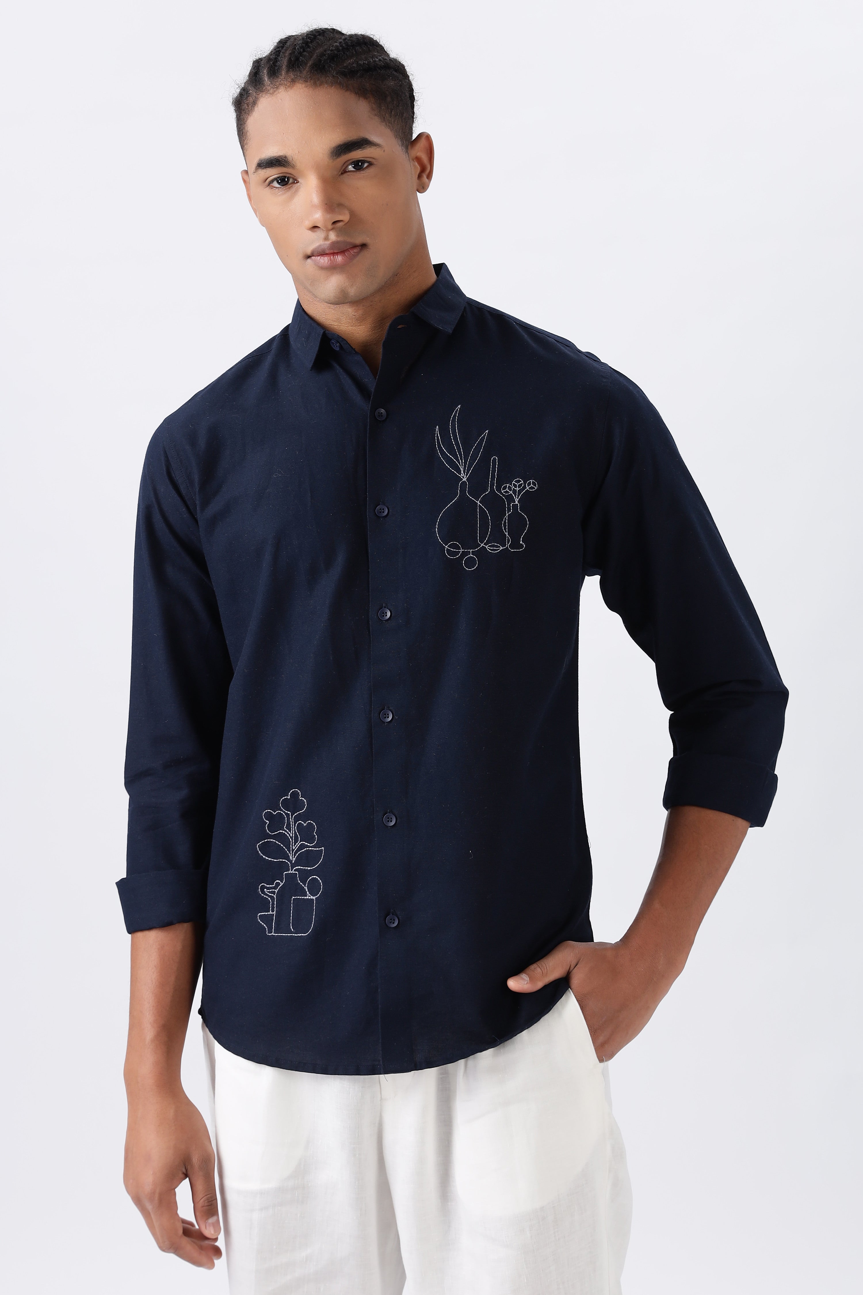 Blue Tuscany Barn Pottery Embroidery Shirt
