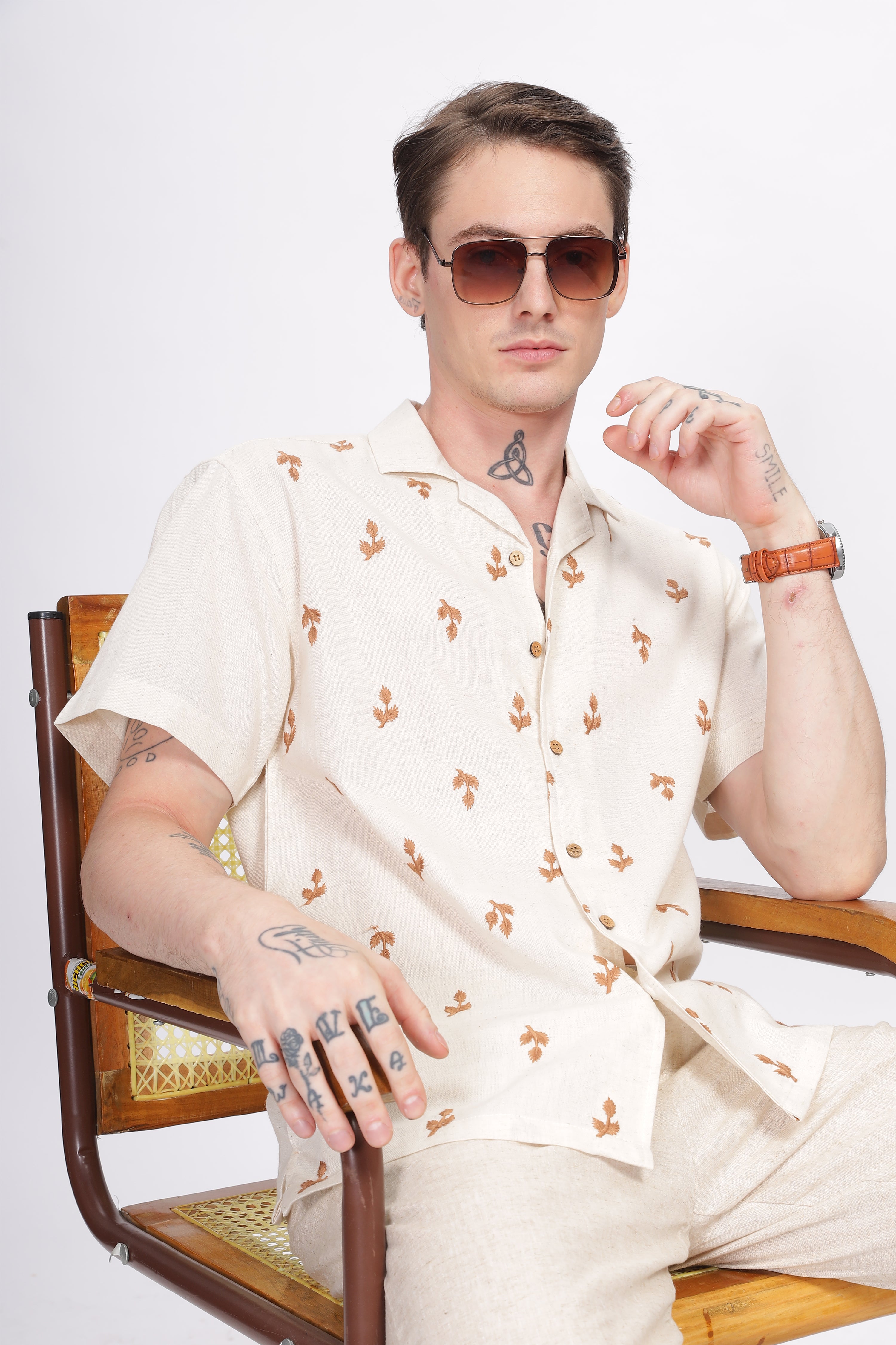 Milan Beige All-Over Embroidery Camp Collar Shirt