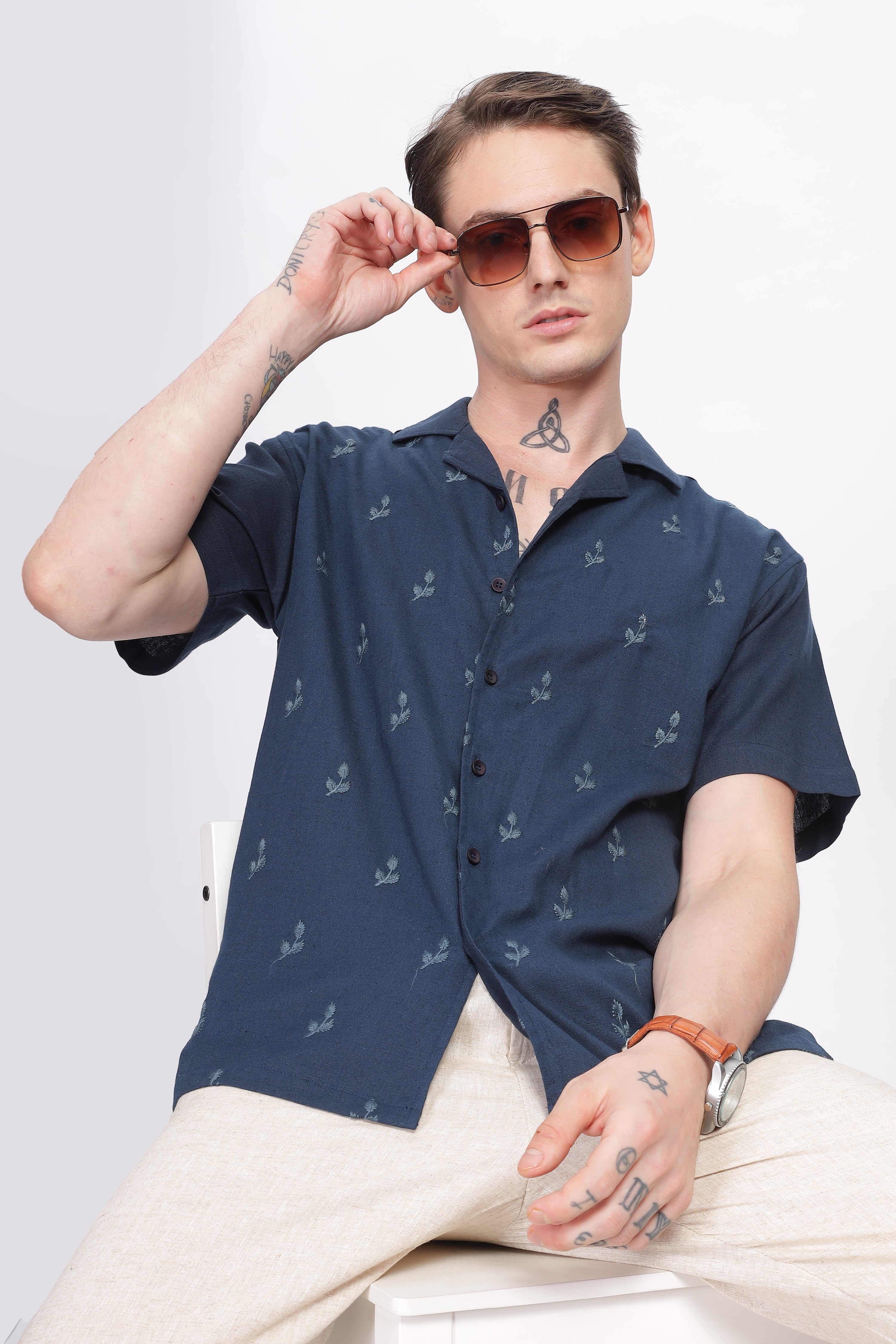 Oslo Blue All-Over Embroidery Camp Collar Shirt