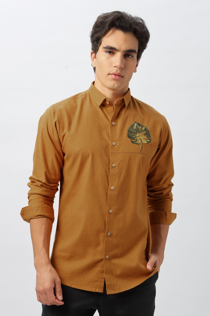 Mustard Yellow Shirt with Monstera Embroidery