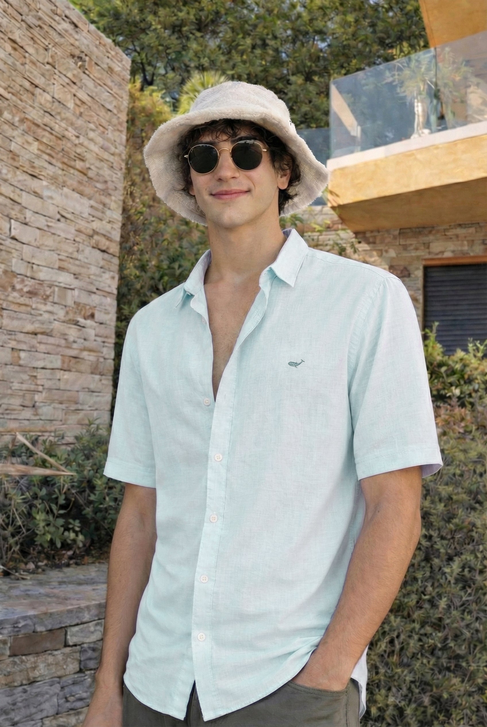 Coastal Drift Cotton-Linen Regular Fit Sky Blue Shirt