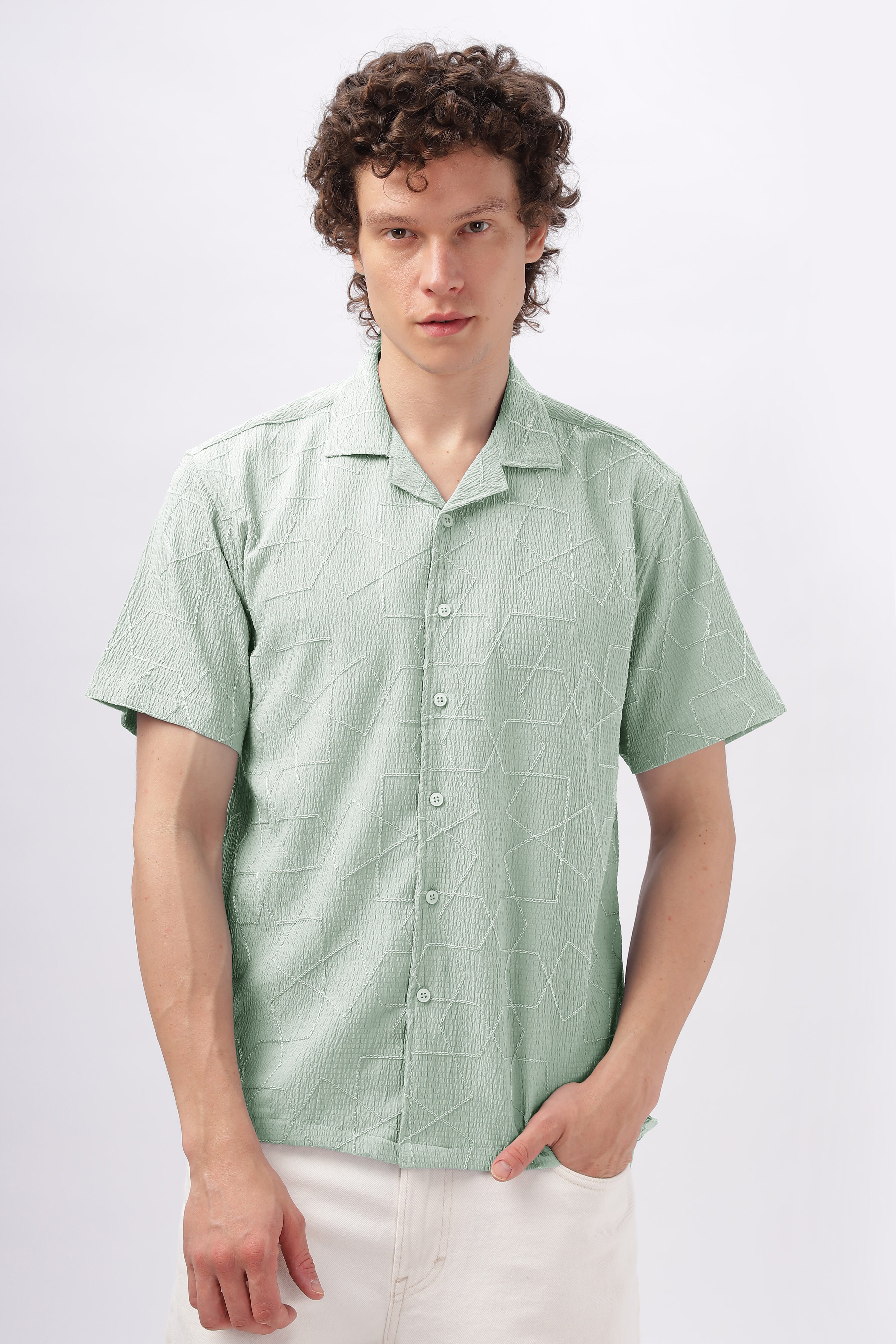 Cuban Collar Embroidery Half Sleeve Shirt