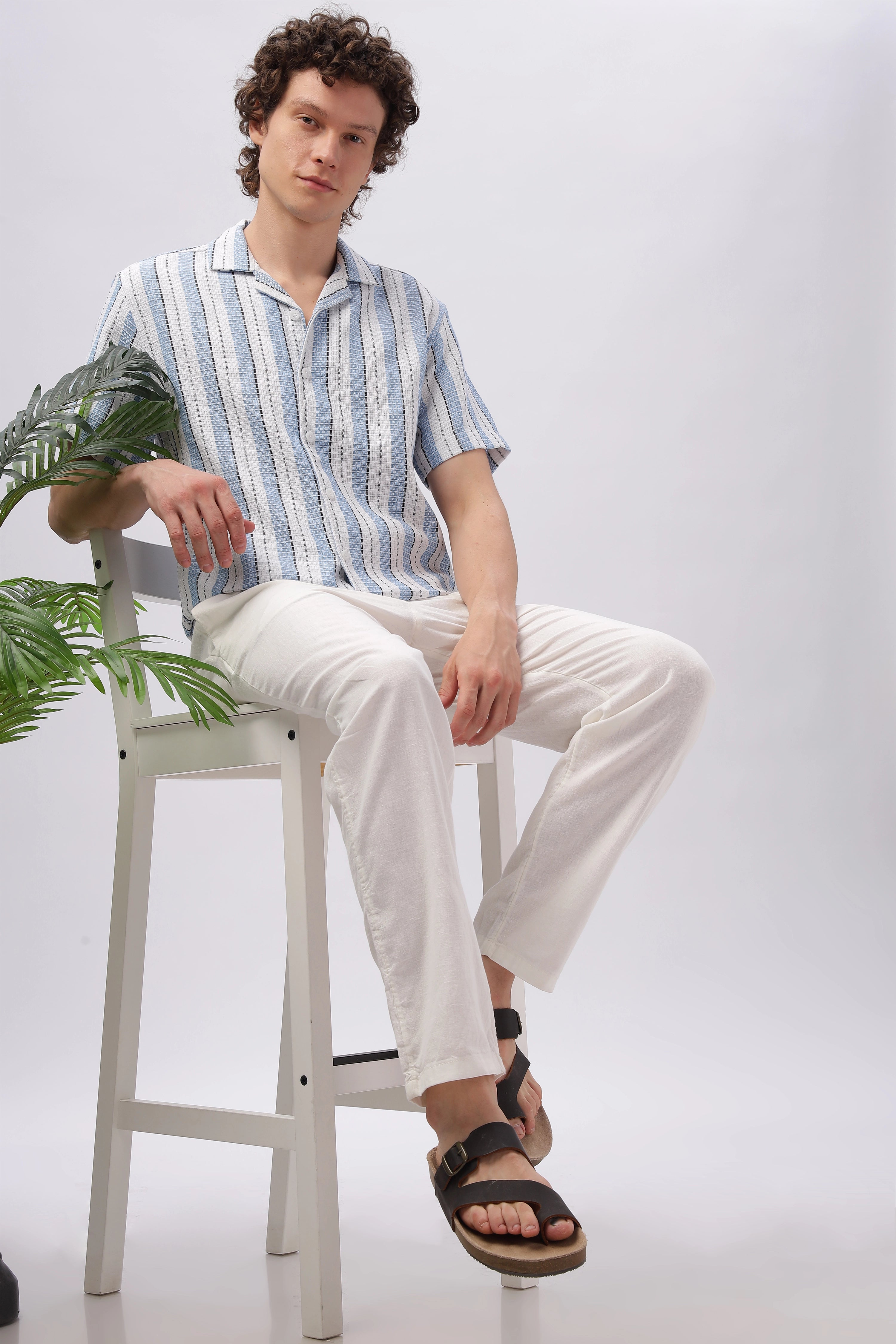Rice Knit Texture Camp Collar Stripes Shirt
