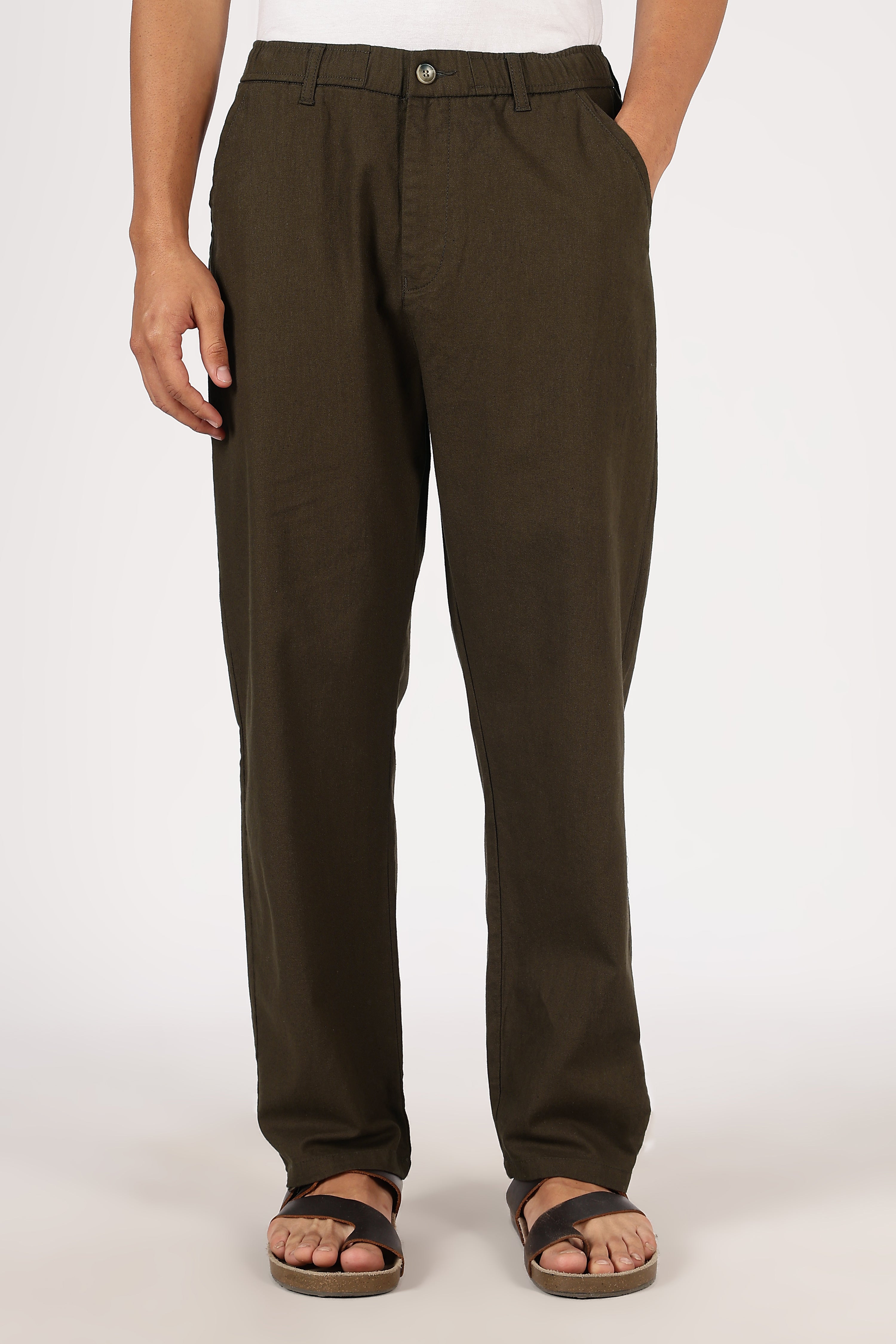Linen-style 100% Cotton Relaxed Fit Olive Green Pant