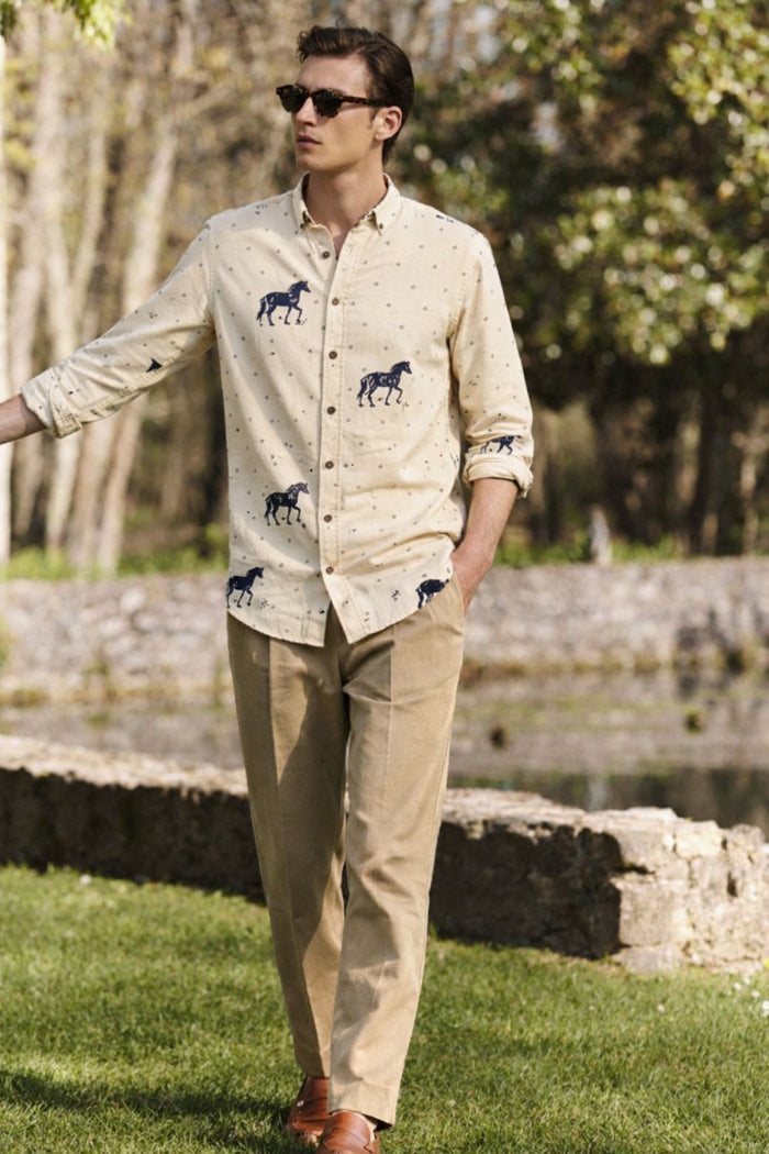 Desert Horse Motif Cotton Regular Fit Beige Printed Shirt