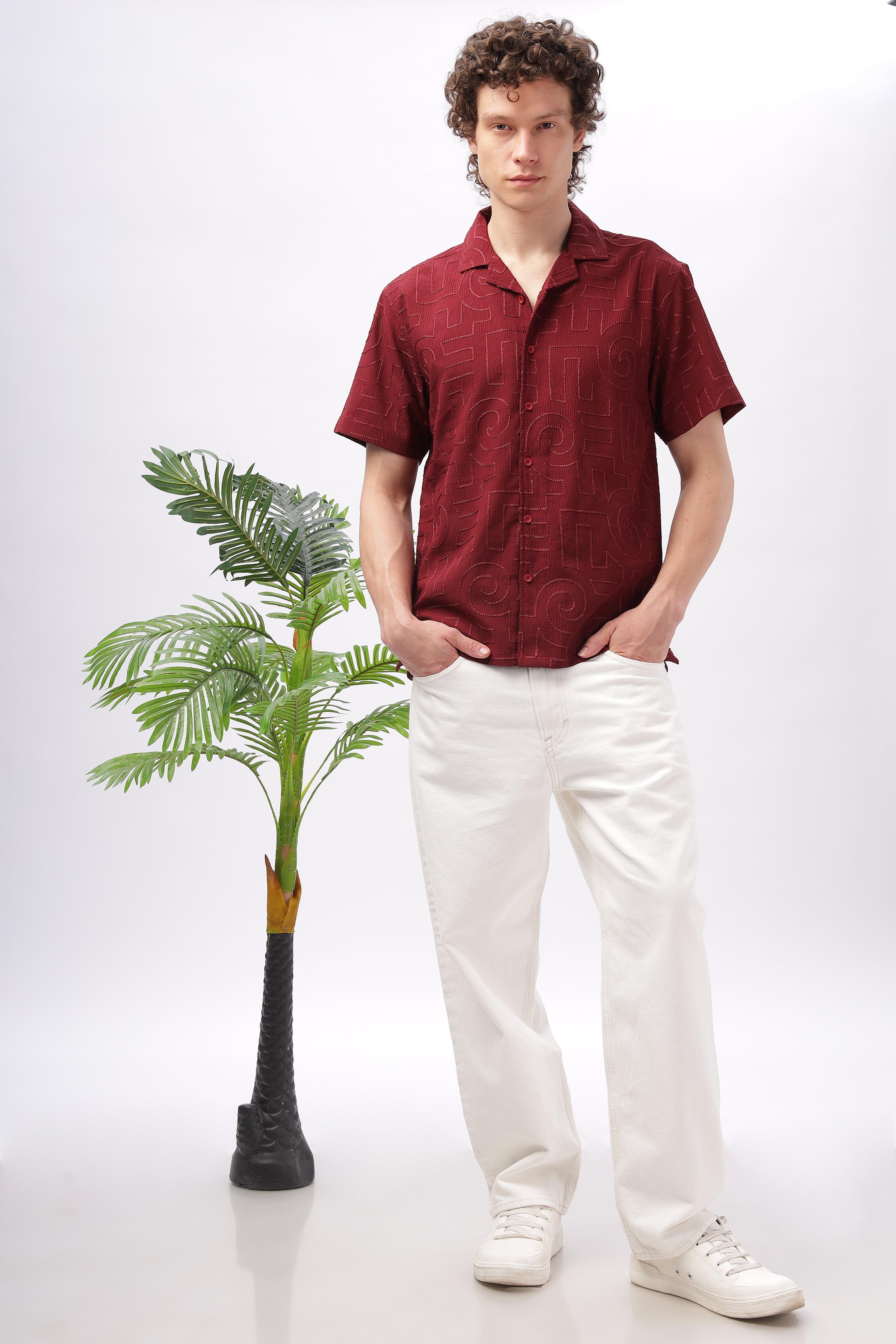 Cuban Collar Embroidery Half Sleeve Shirt