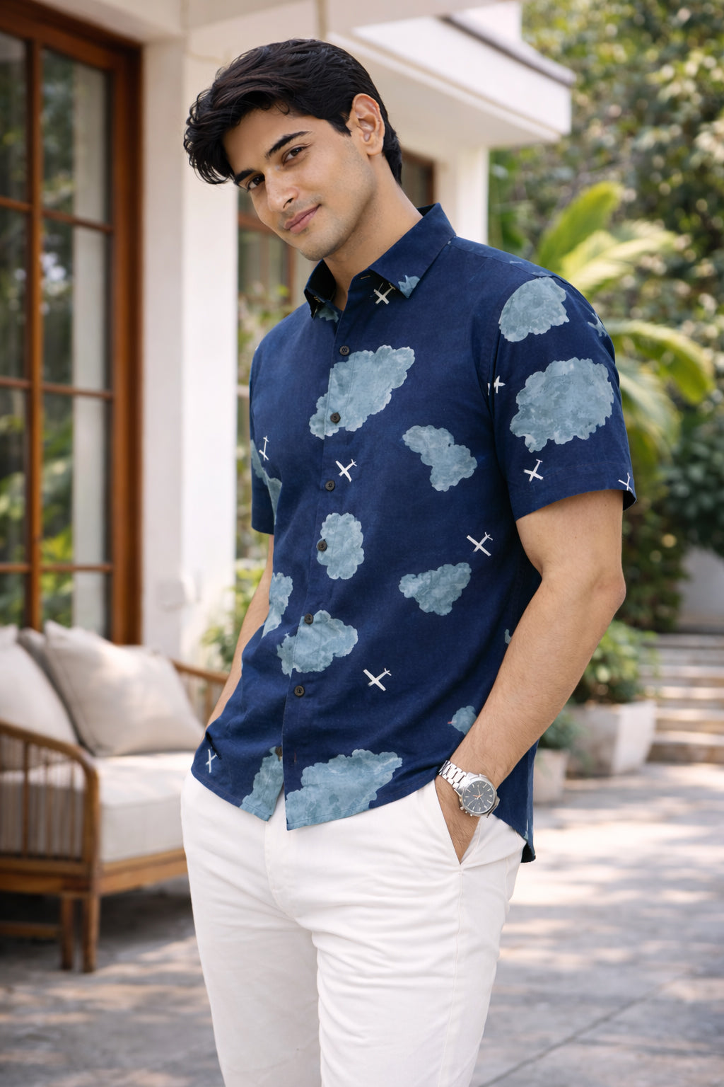 Cloudscape bound Cotton Regular Fit Blue Printed Shirt