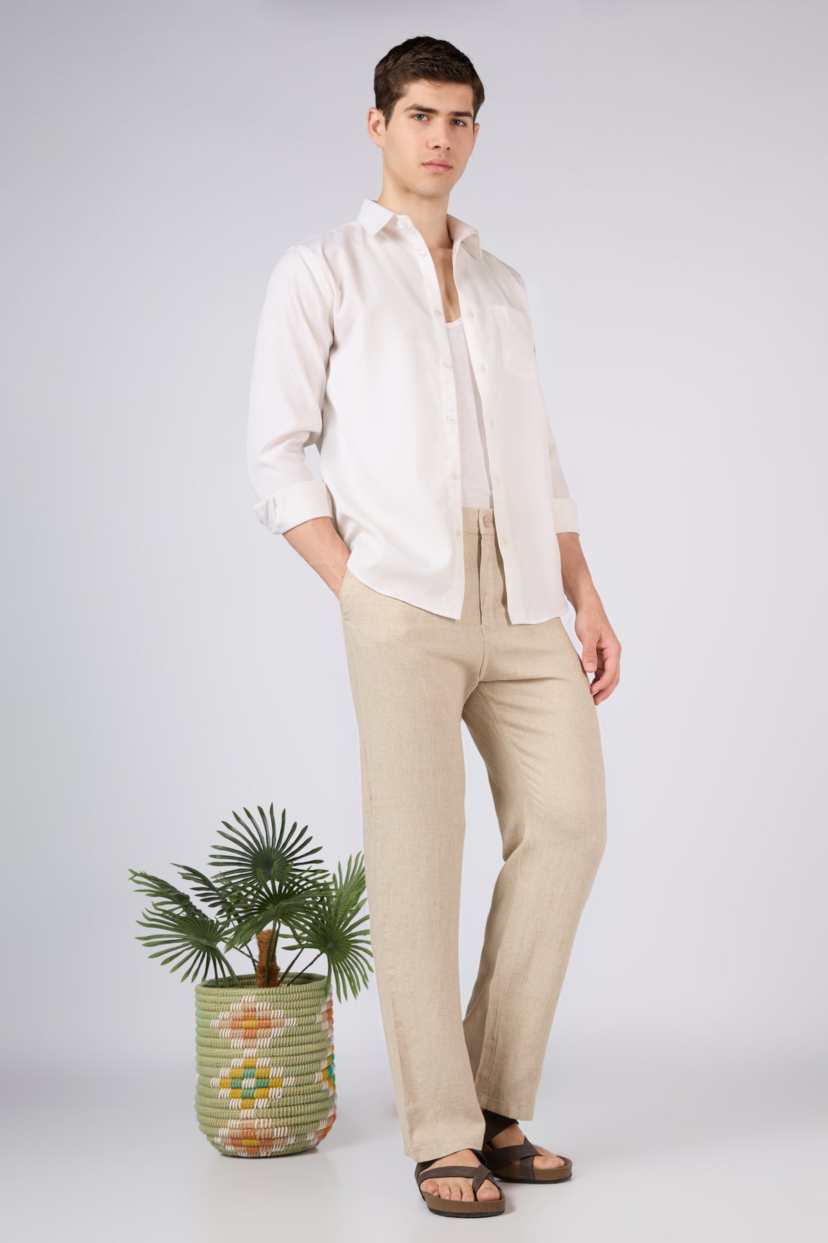 Themis Linen-style 100% Cotton Straight Fit Beige Pants