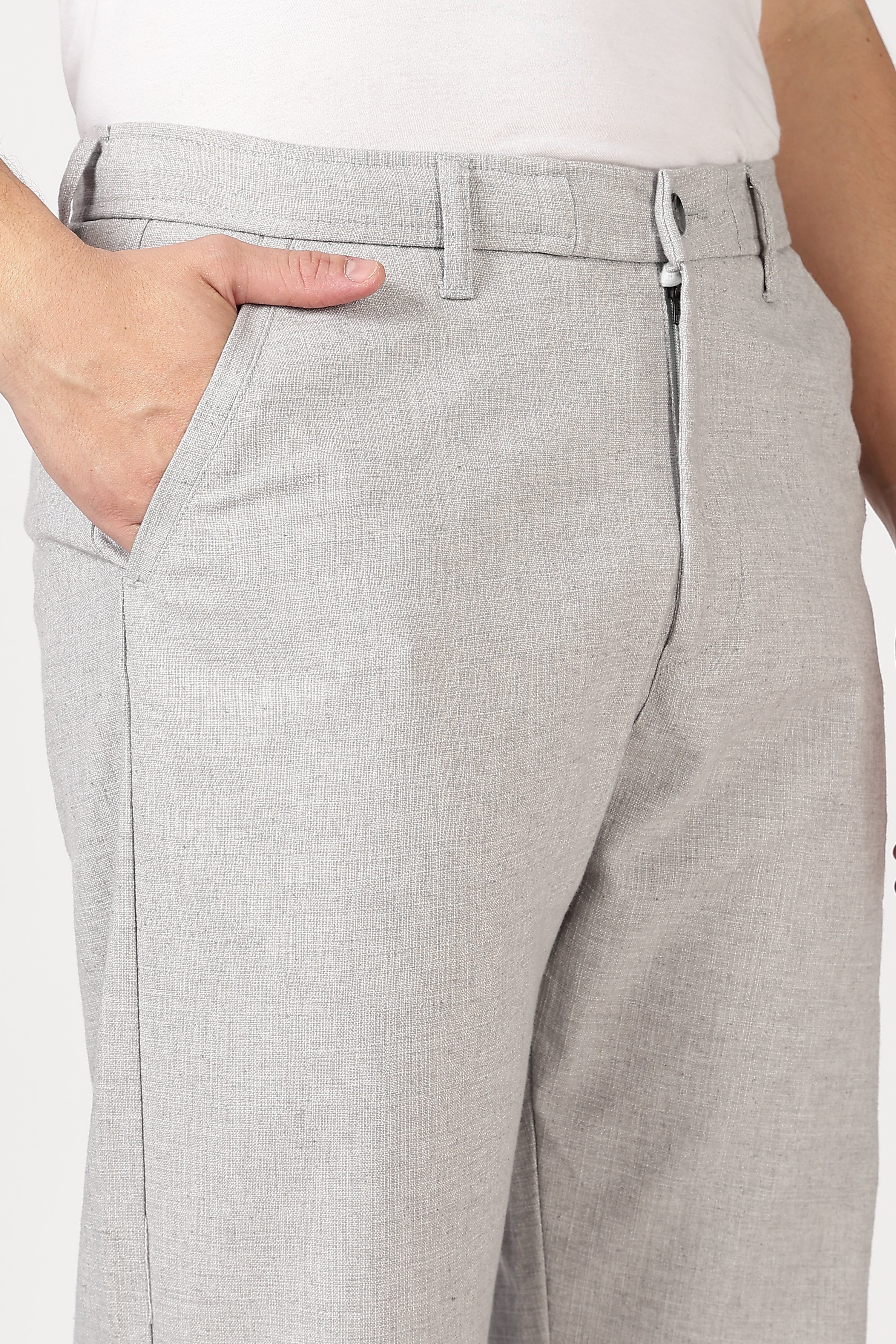 Linen-Style 100% Cotton Straight Fit Light Grey Textured Pant