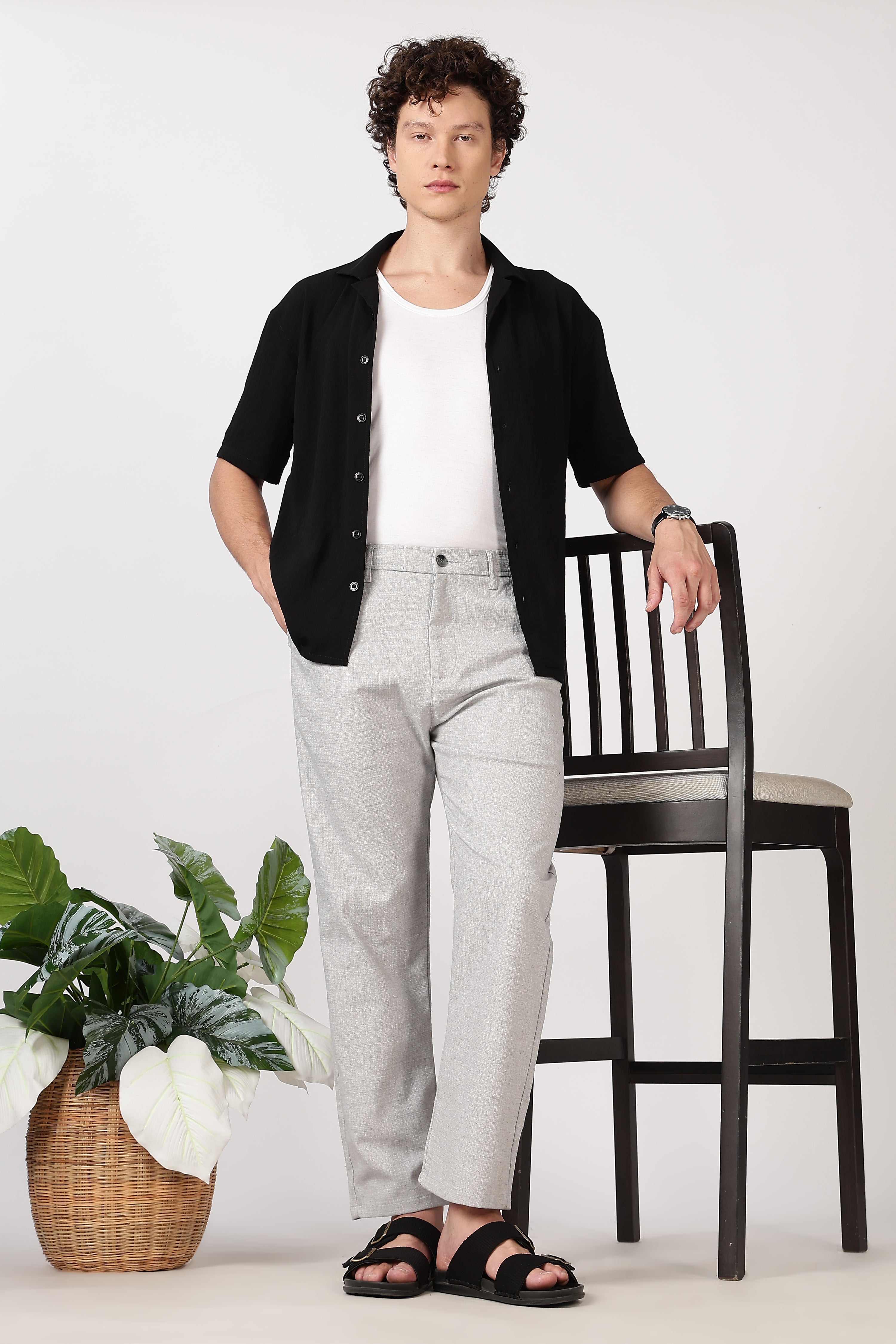 Linen-Style 100% Cotton Straight Fit Light Grey Textured Pant