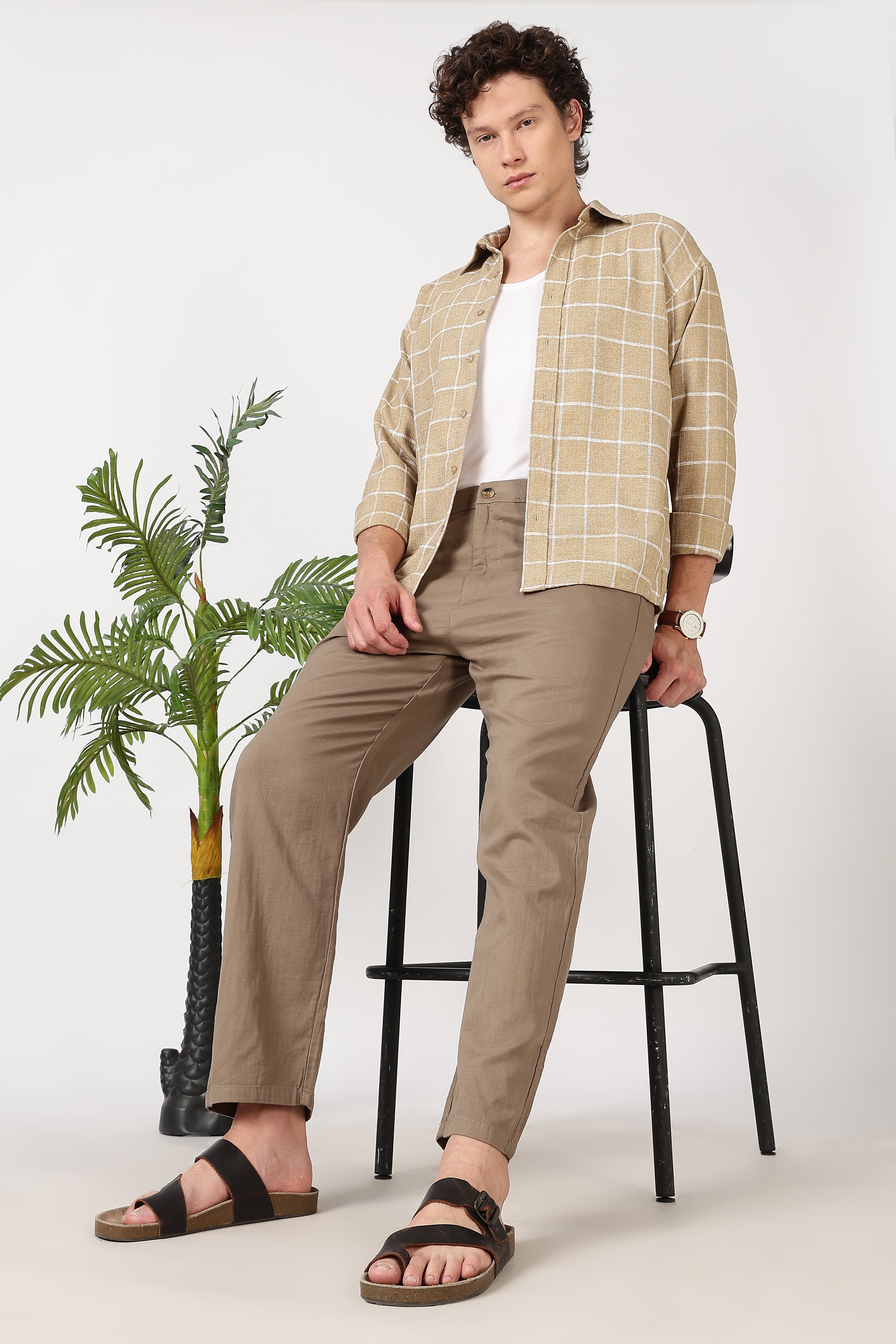 Linen-style 100% Cotton Straight Fit Beige Pant