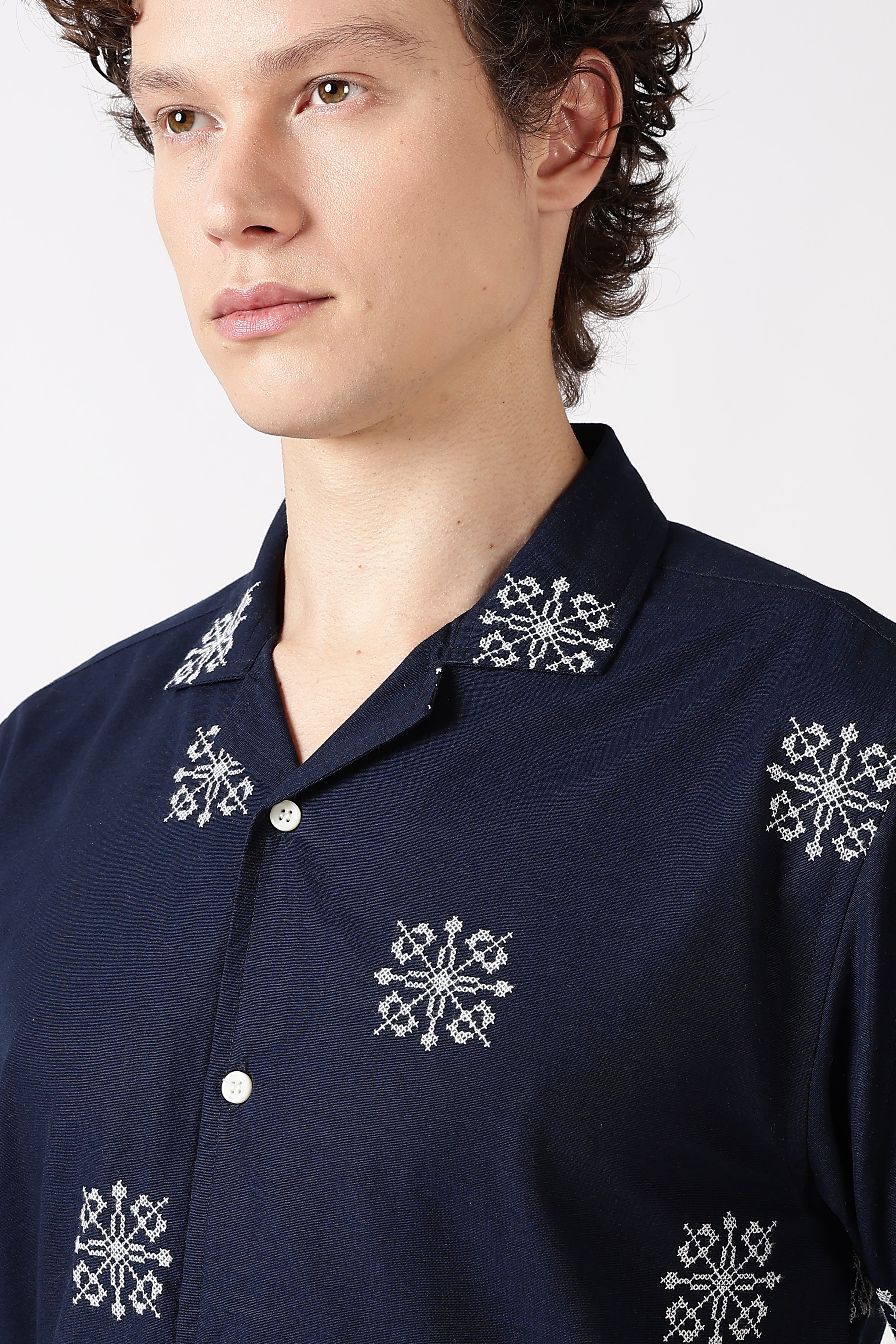 Midnight Crest Embroidered Cuban Collar Shirt