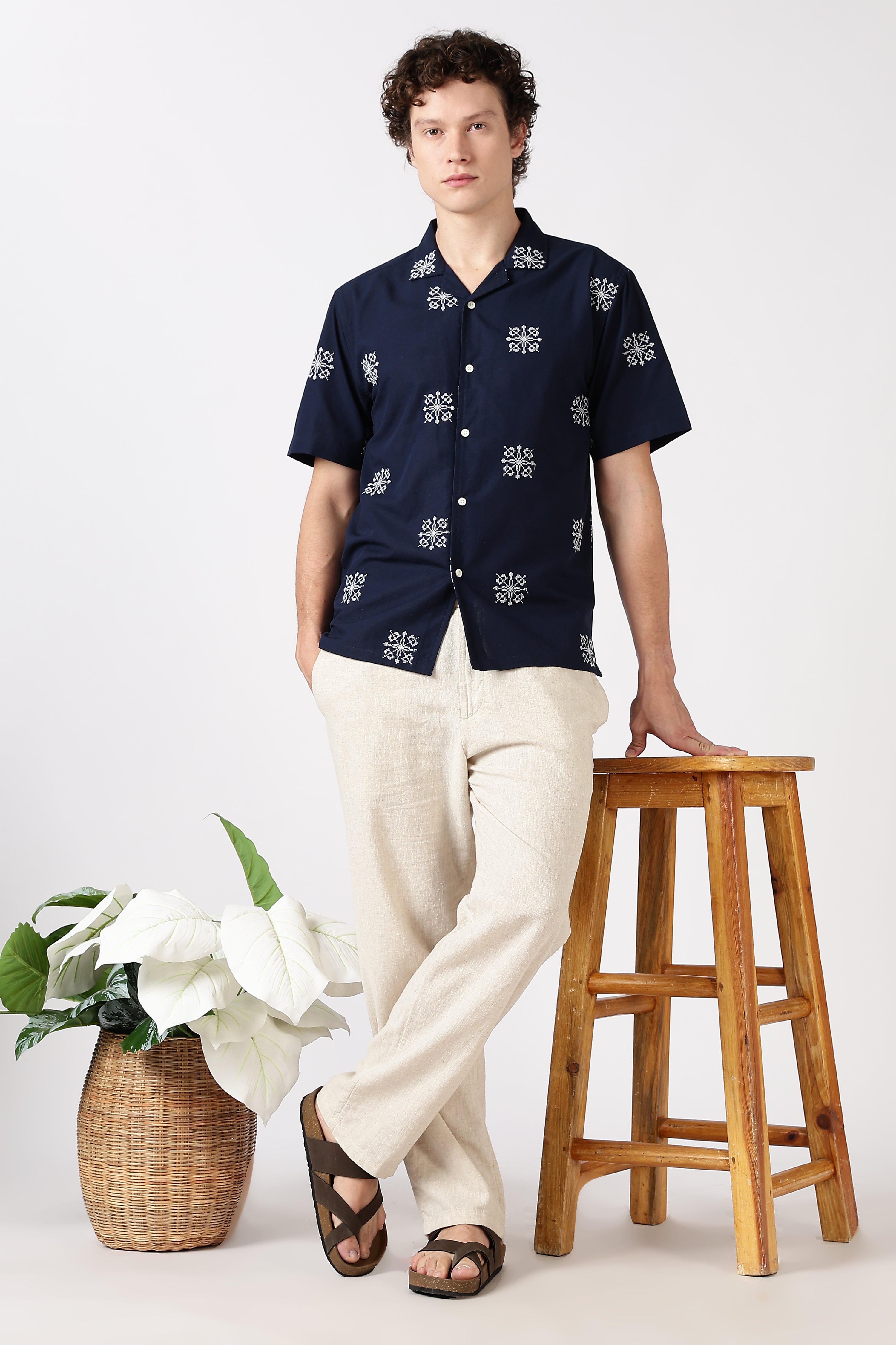 Midnight Crest Embroidered Cuban Collar Shirt