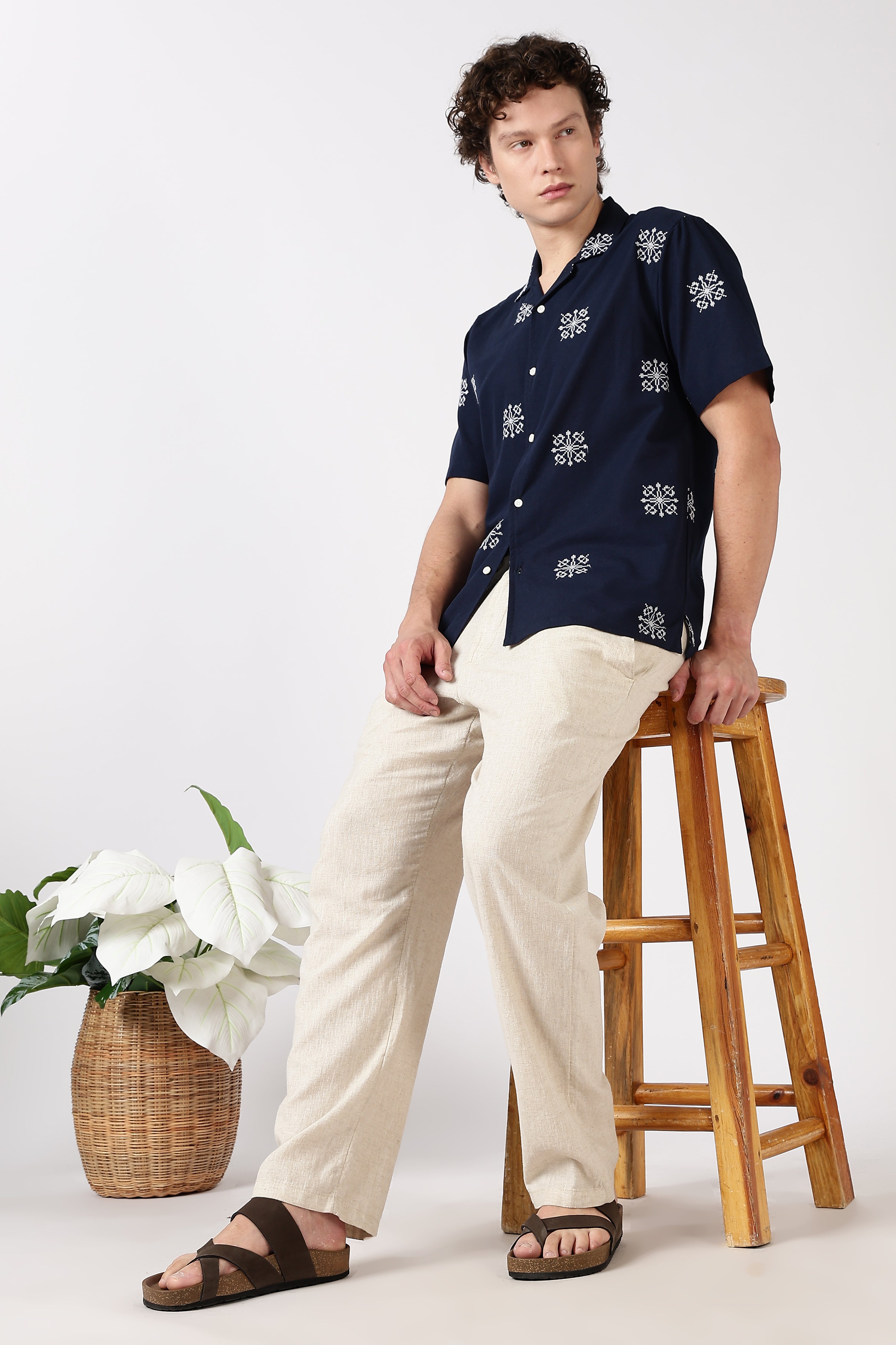 Midnight Crest Embroidered Cuban Collar Shirt