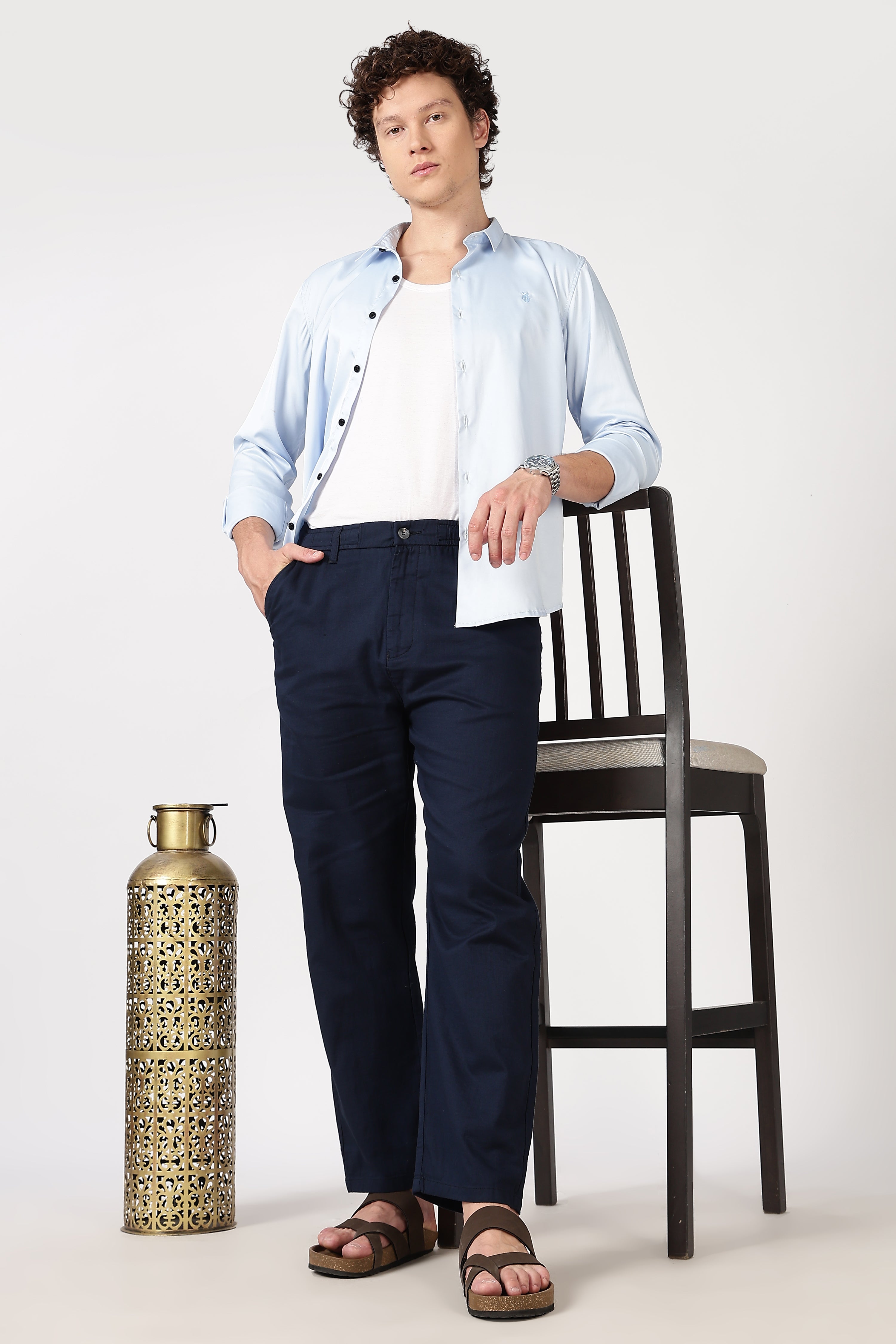 Linen-style 100% Cotton Straight Fit Navy Blue Pant