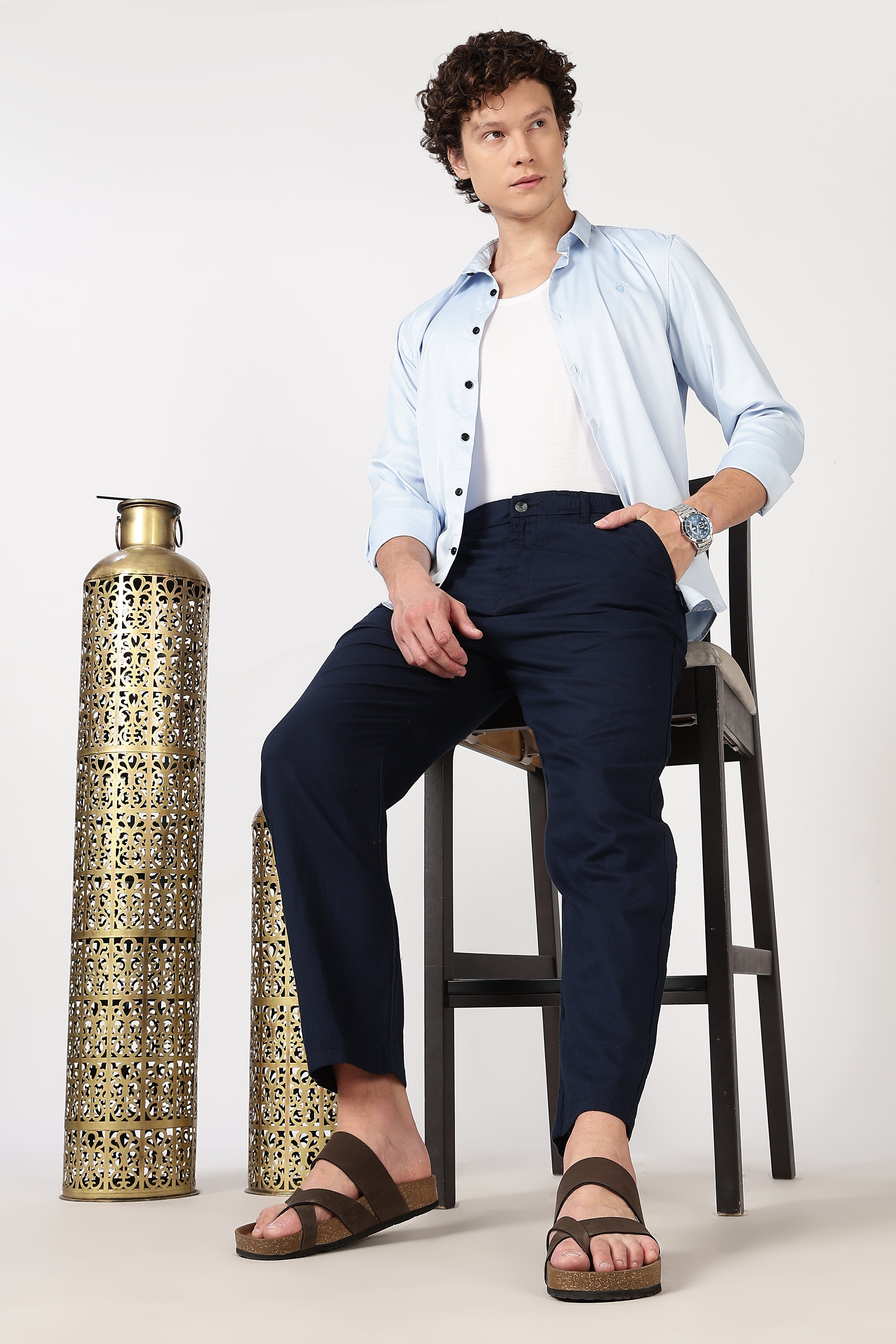 Linen-style 100% Cotton Straight Fit Navy Blue Pant