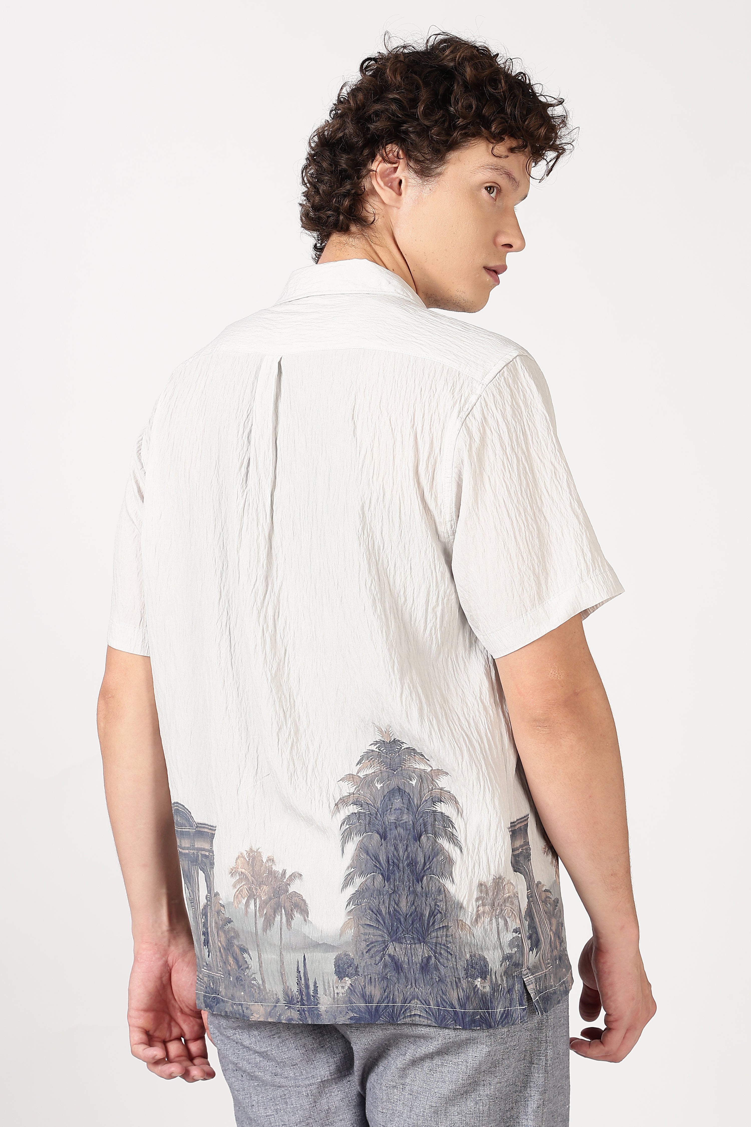 Ivory Crinkled Resort Scenic Printed Cuban Collar Shirt