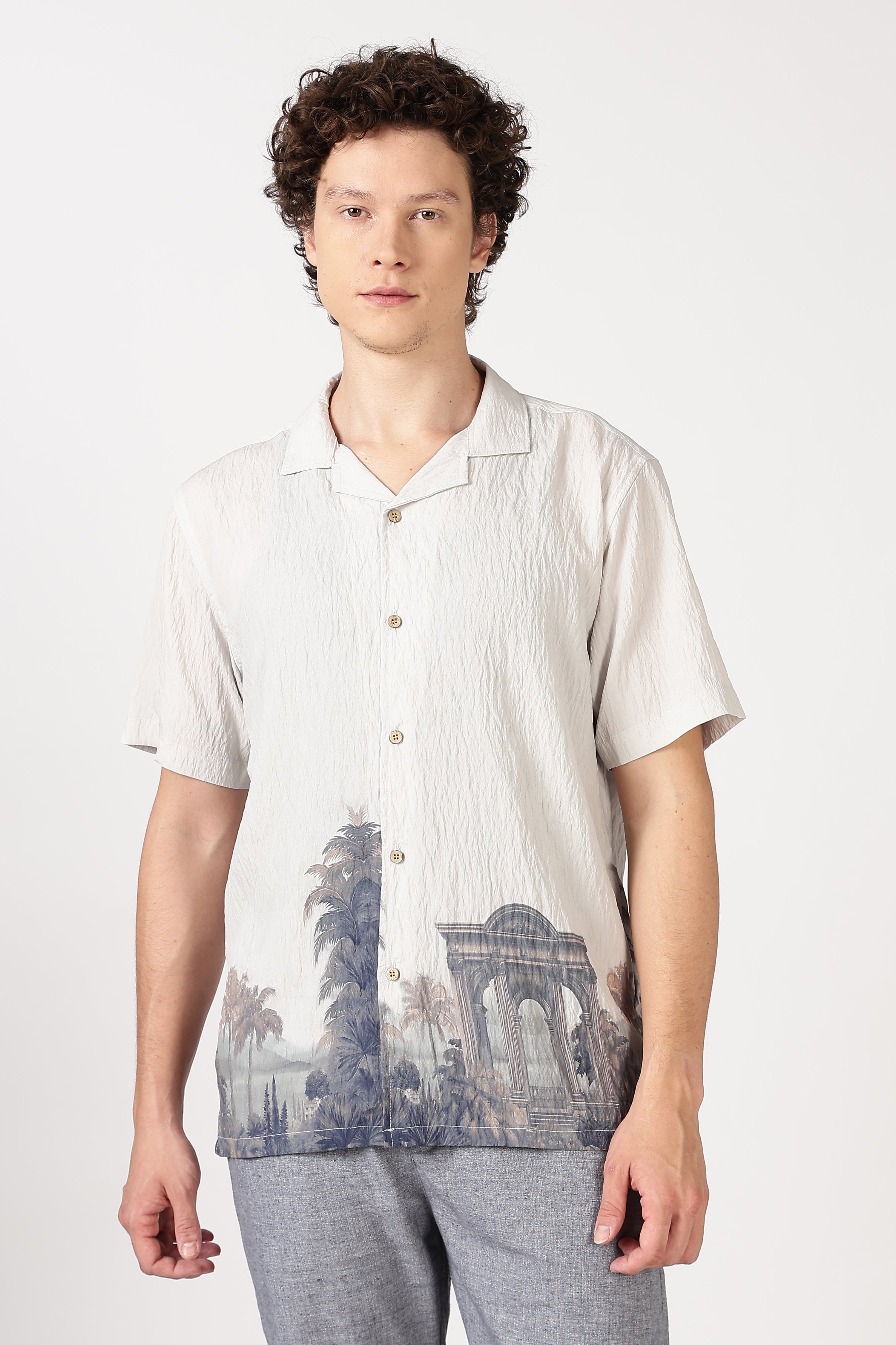 Ivory Crinkled Resort Scenic Printed Cuban Collar Shirt