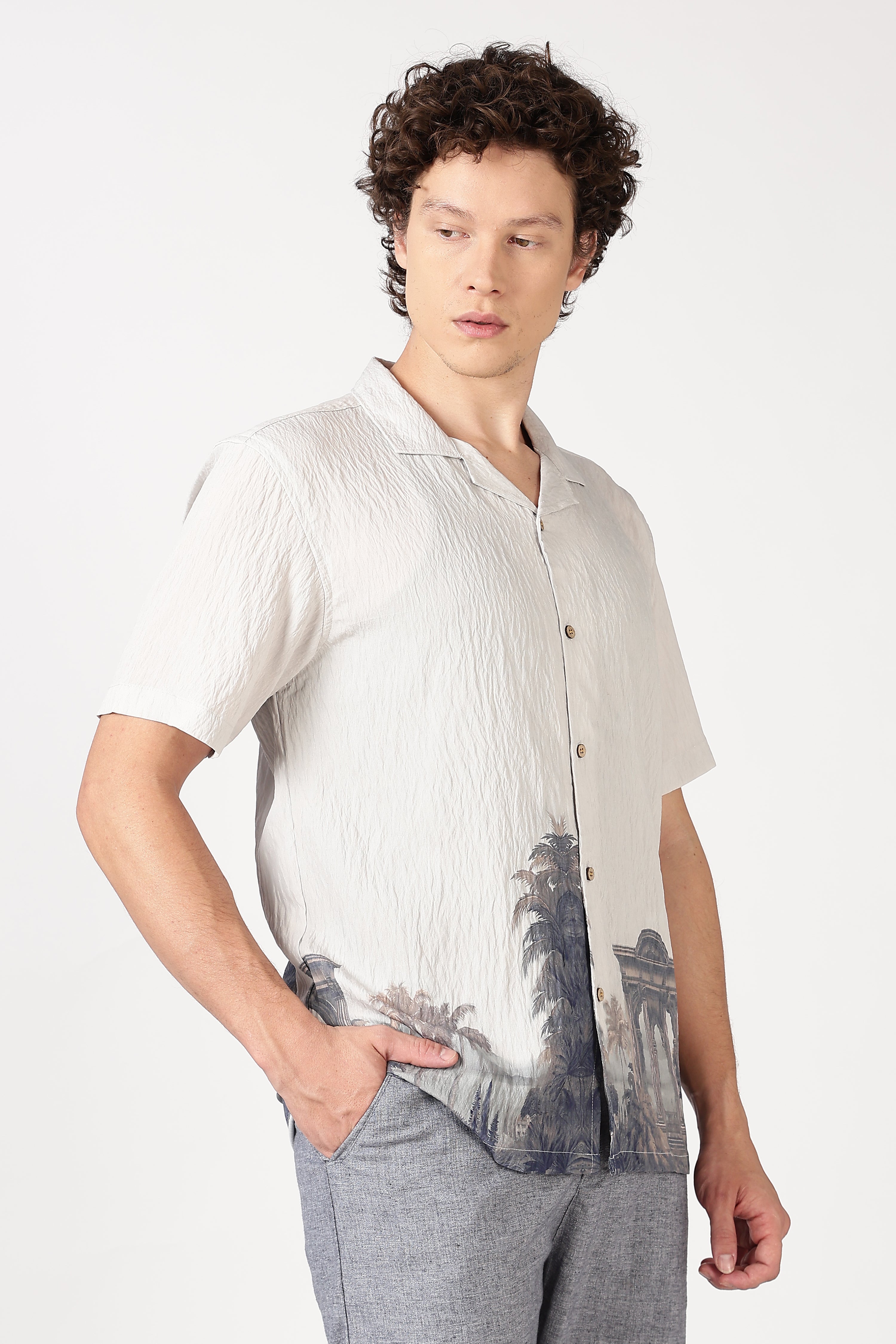 Ivory Crinkled Resort Scenic Printed Cuban Collar Shirt