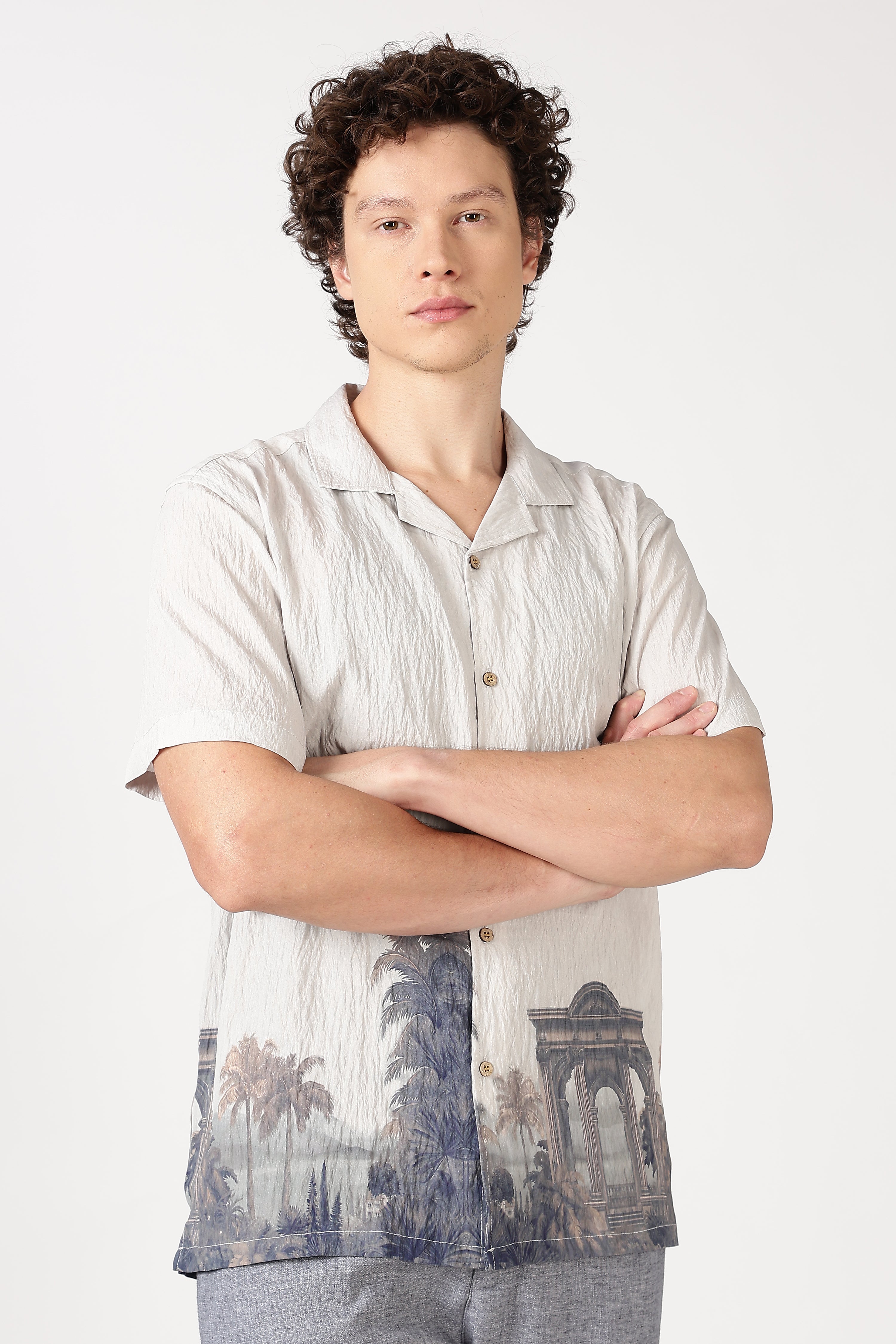 Ivory Crinkled Resort Scenic Printed Cuban Collar Shirt