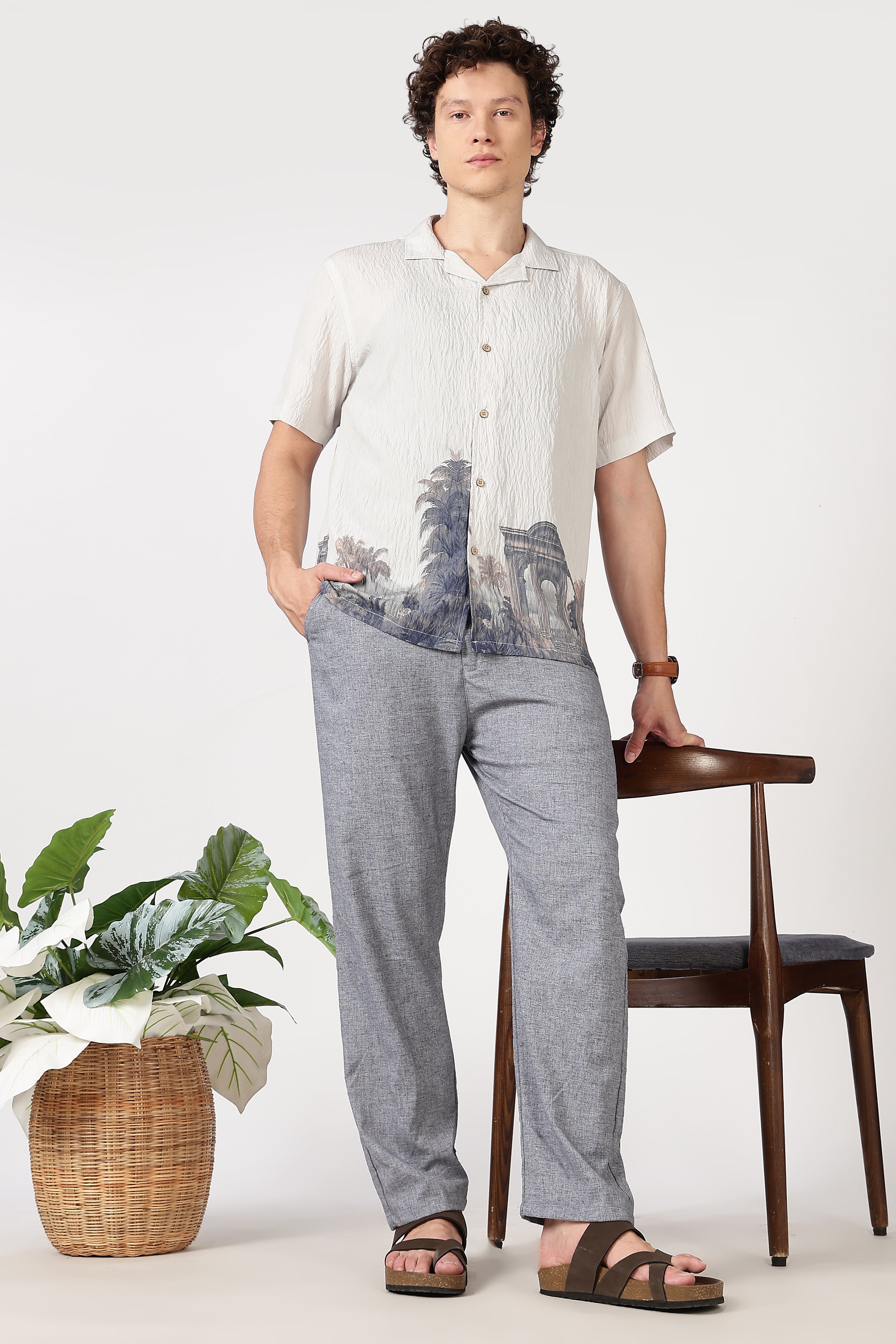 Ivory Crinkled Resort Scenic Printed Cuban Collar Shirt