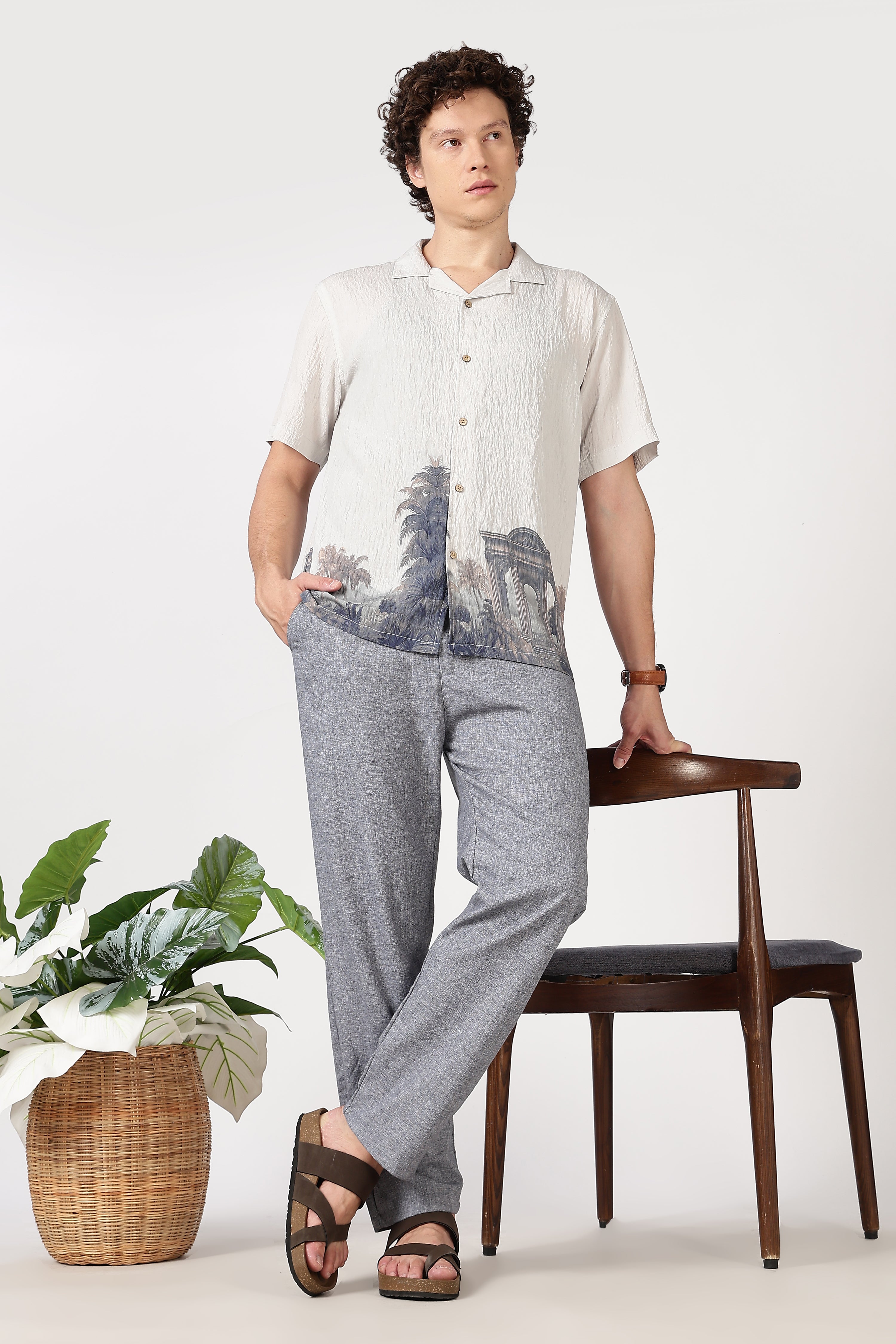 Ivory Crinkled Resort Scenic Printed Cuban Collar Shirt