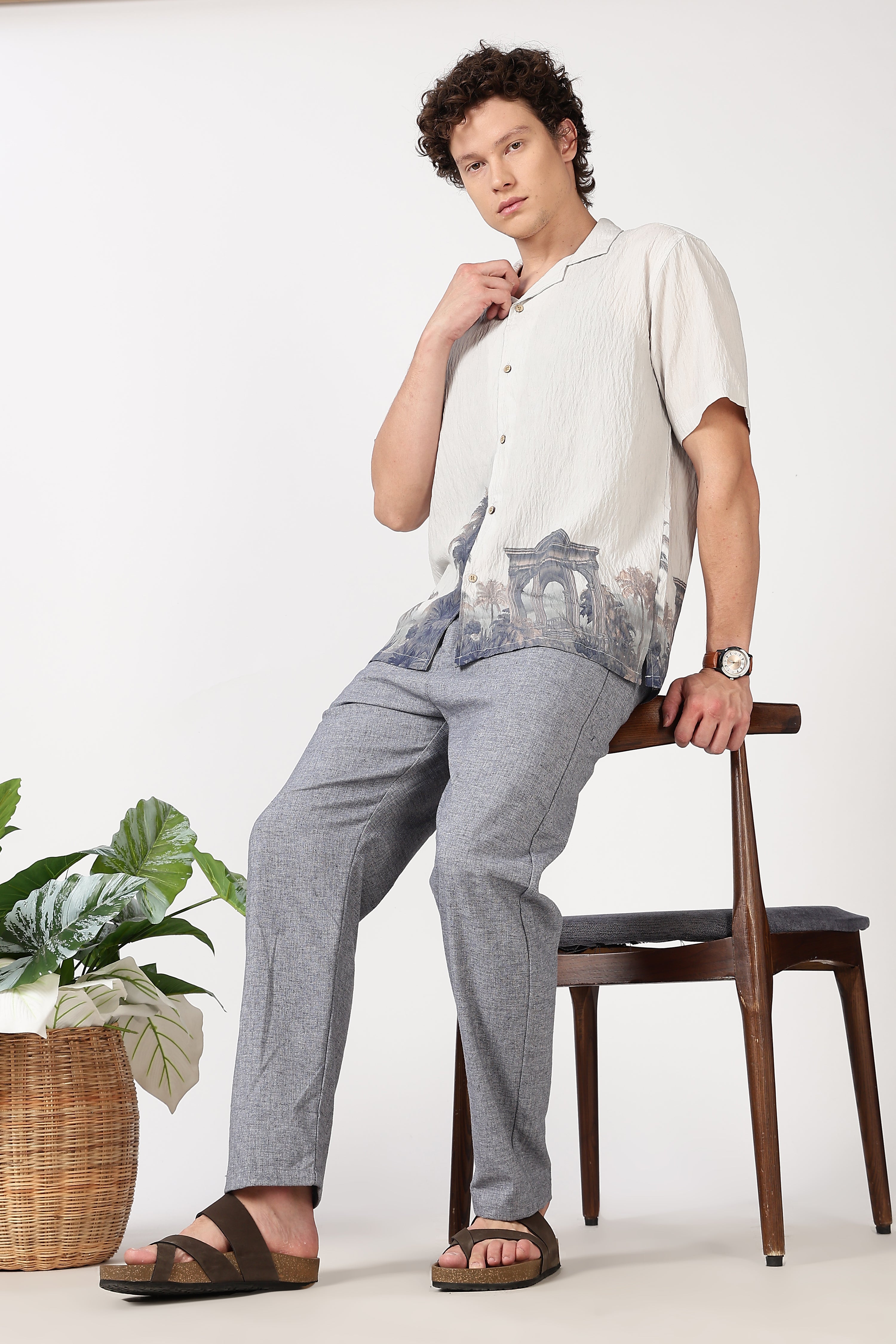 Ivory Crinkled Resort Scenic Printed Cuban Collar Shirt