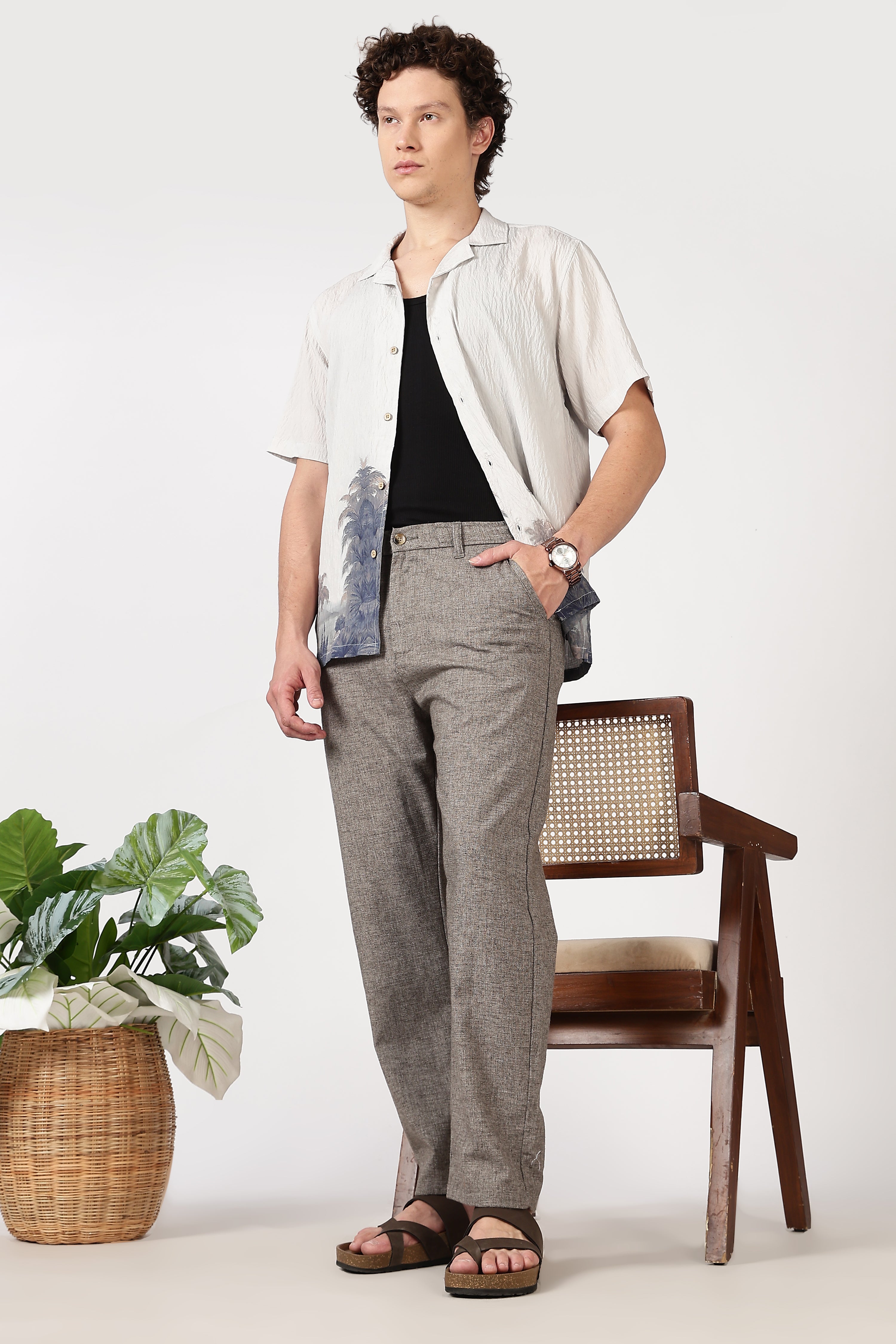 Linen-Style 100% Cotton Straight Fit Brown Textured Pant